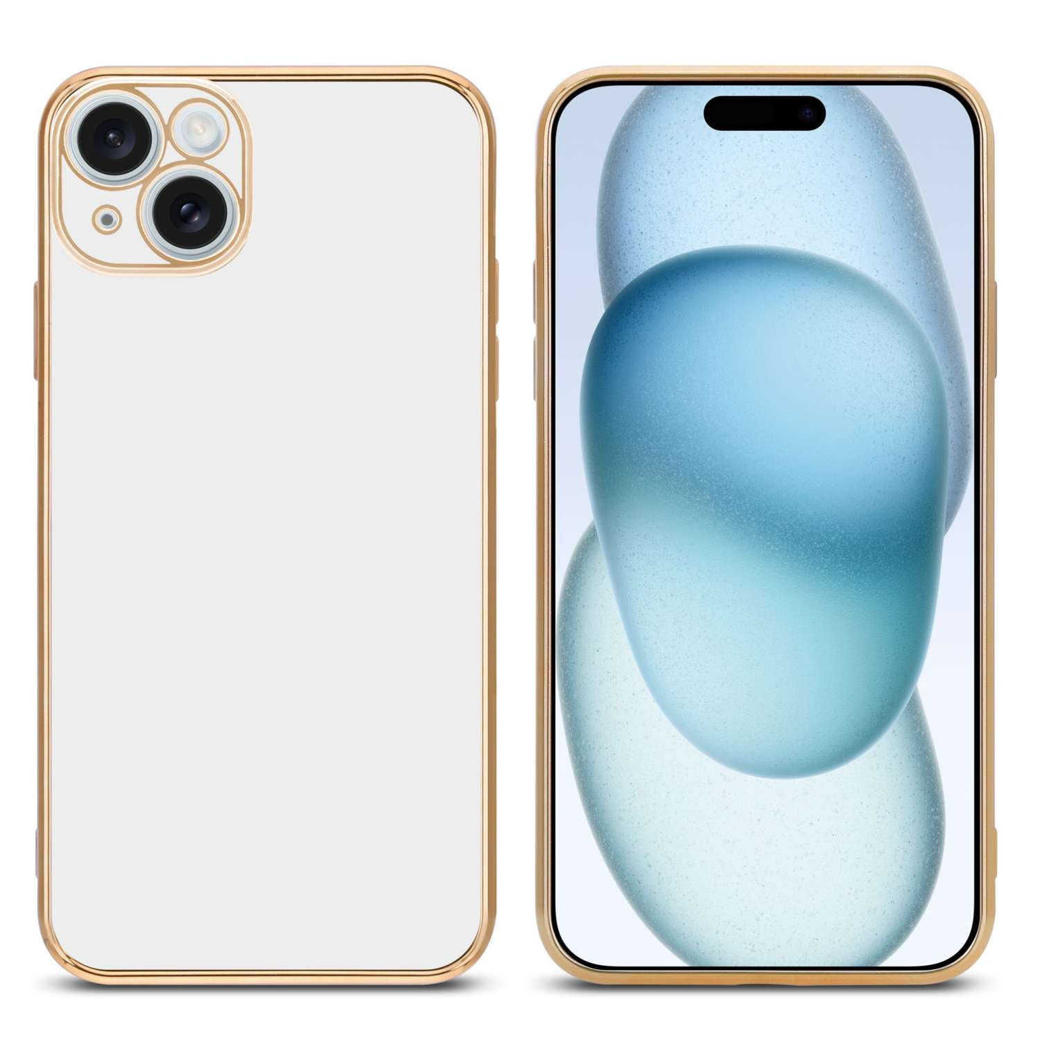 Zwei Telefone, eines weiß, eines schwarz, mit goldenen Rahmen. Das weiße hat eine Dreifachkamera, das schwarze zeigt ein blaues Bild.