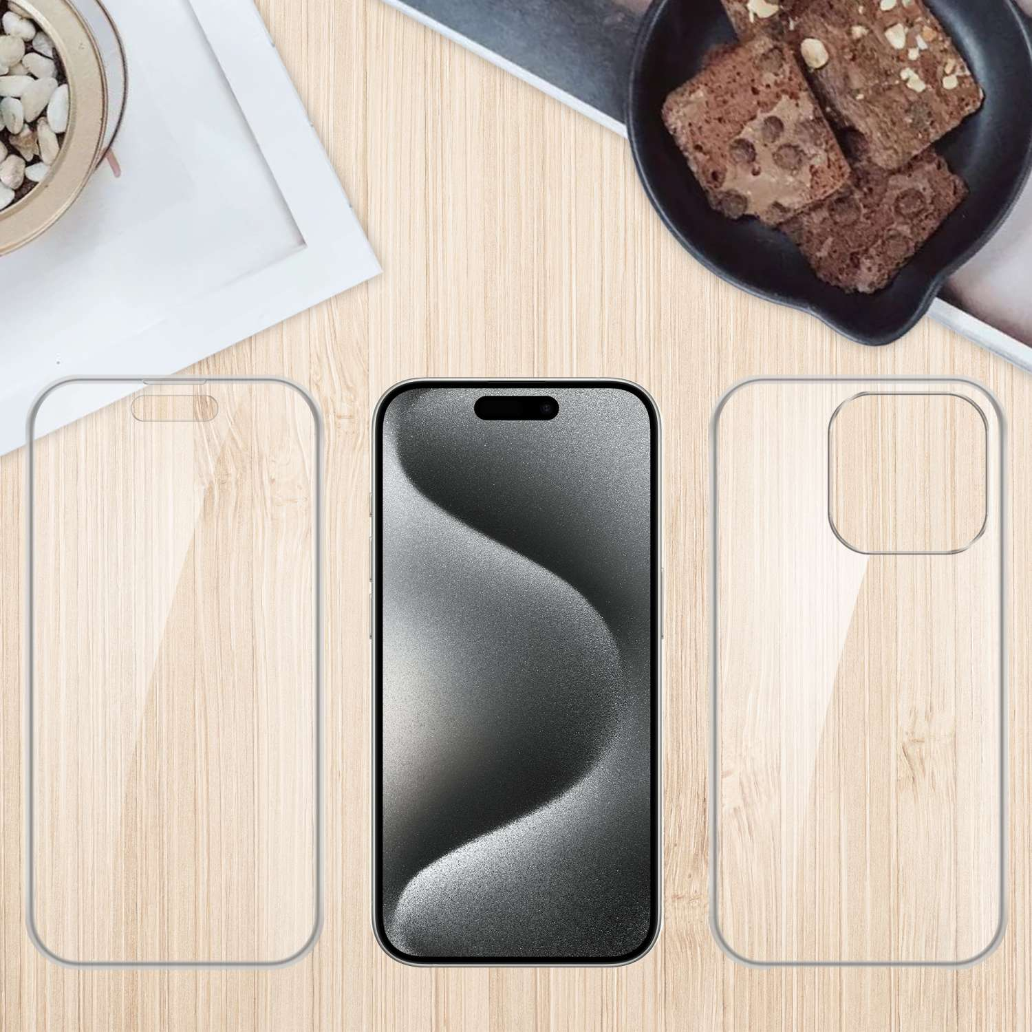Displayschutzfolien und ein Telefon. Brauner Holzschreibtisch mit Essen im Hintergrund.