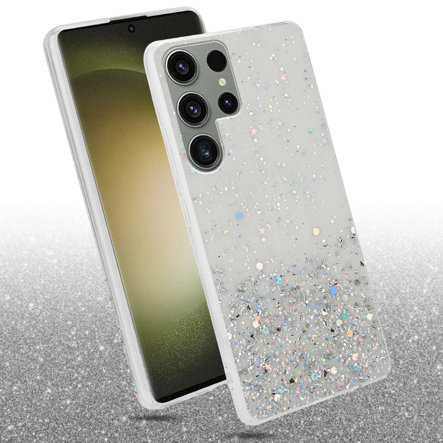 Zwei Telefone mit glitzernden, transparenten Hüllen. Eines geneigt.