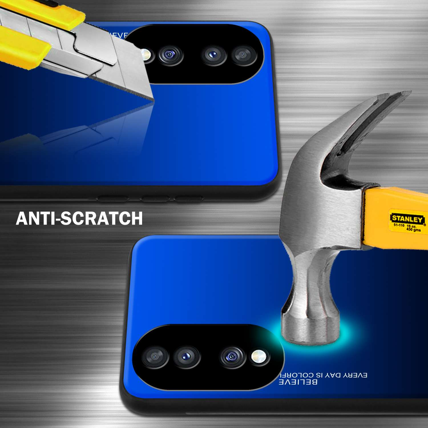 Custodia del telefono testata per la resistenza ai graffi con un coltello e un martello su superficie blu.