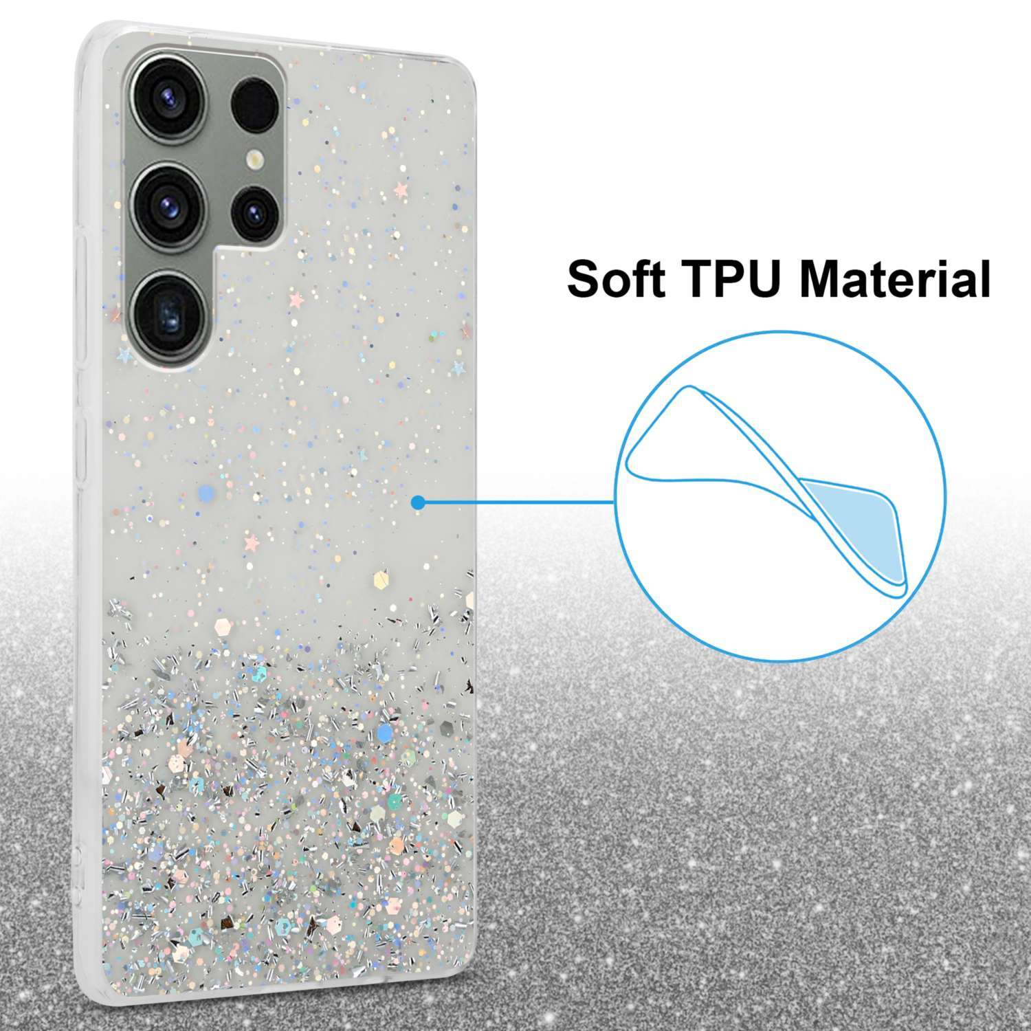 Handyhülle mit weißem Glitzer und mehreren Kameras.