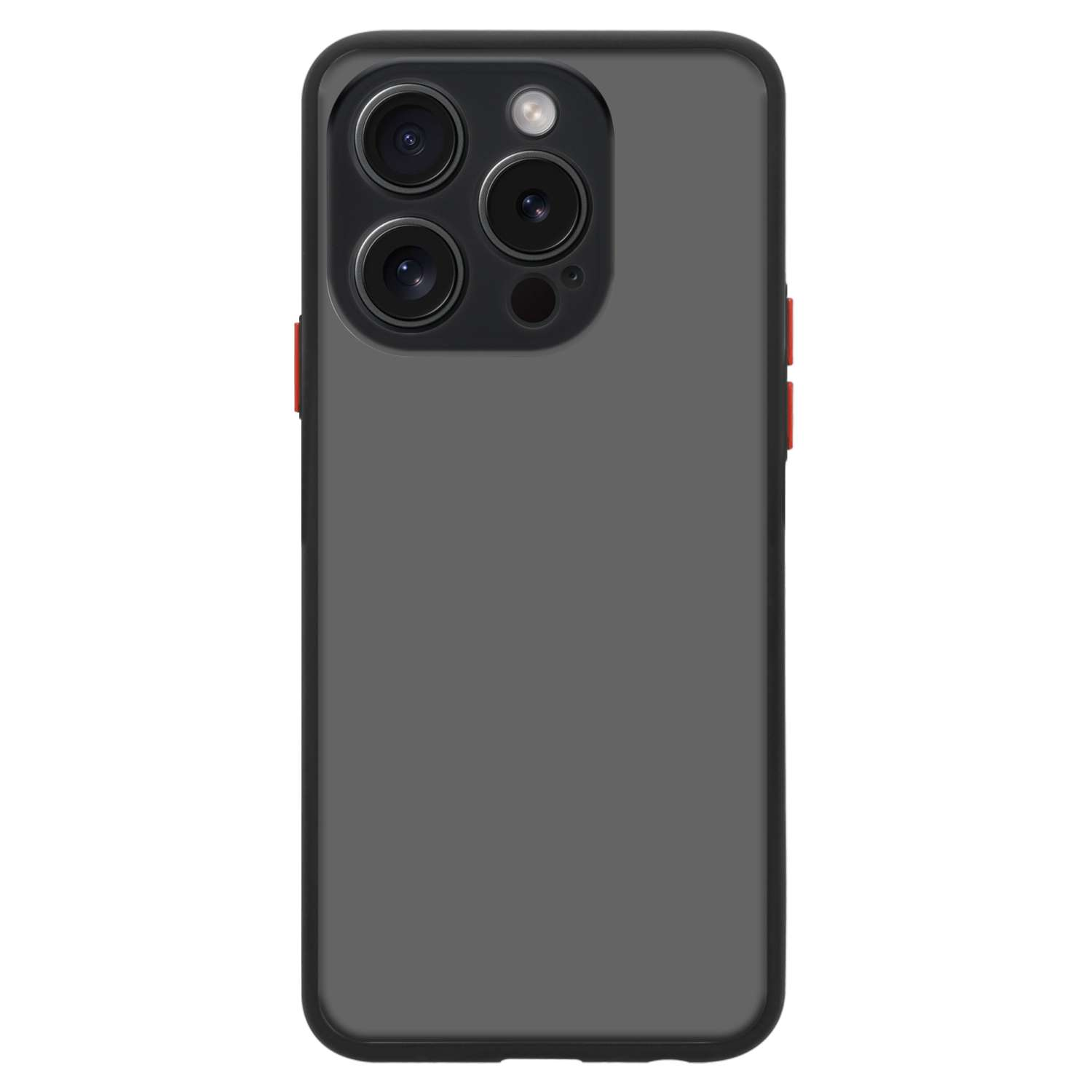 Custodia per telefono nera con sporgenza della fotocamera e pulsanti rossi.