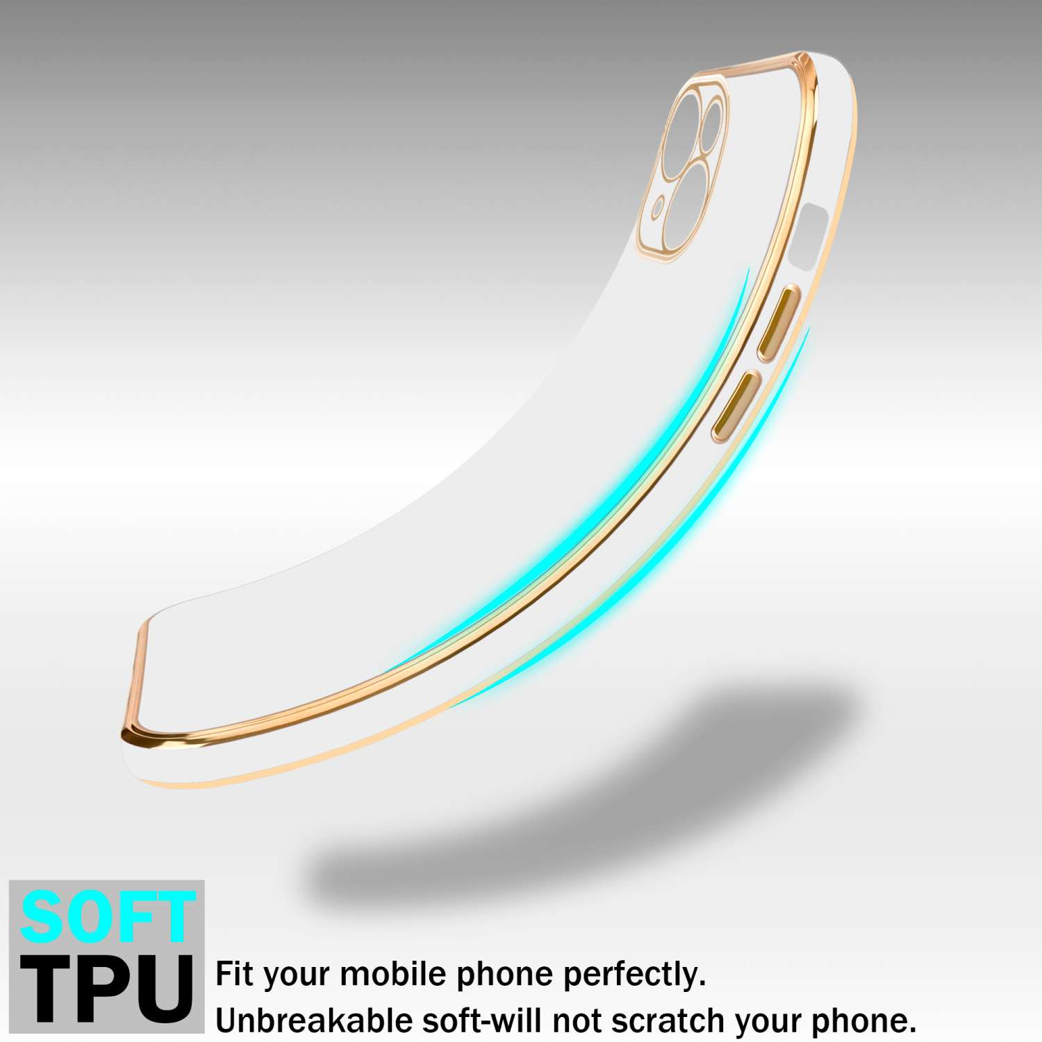 Eine transparente Handyhülle mit goldenem Rand. Sie schützt das Telefon und besteht aus TPU-Material.