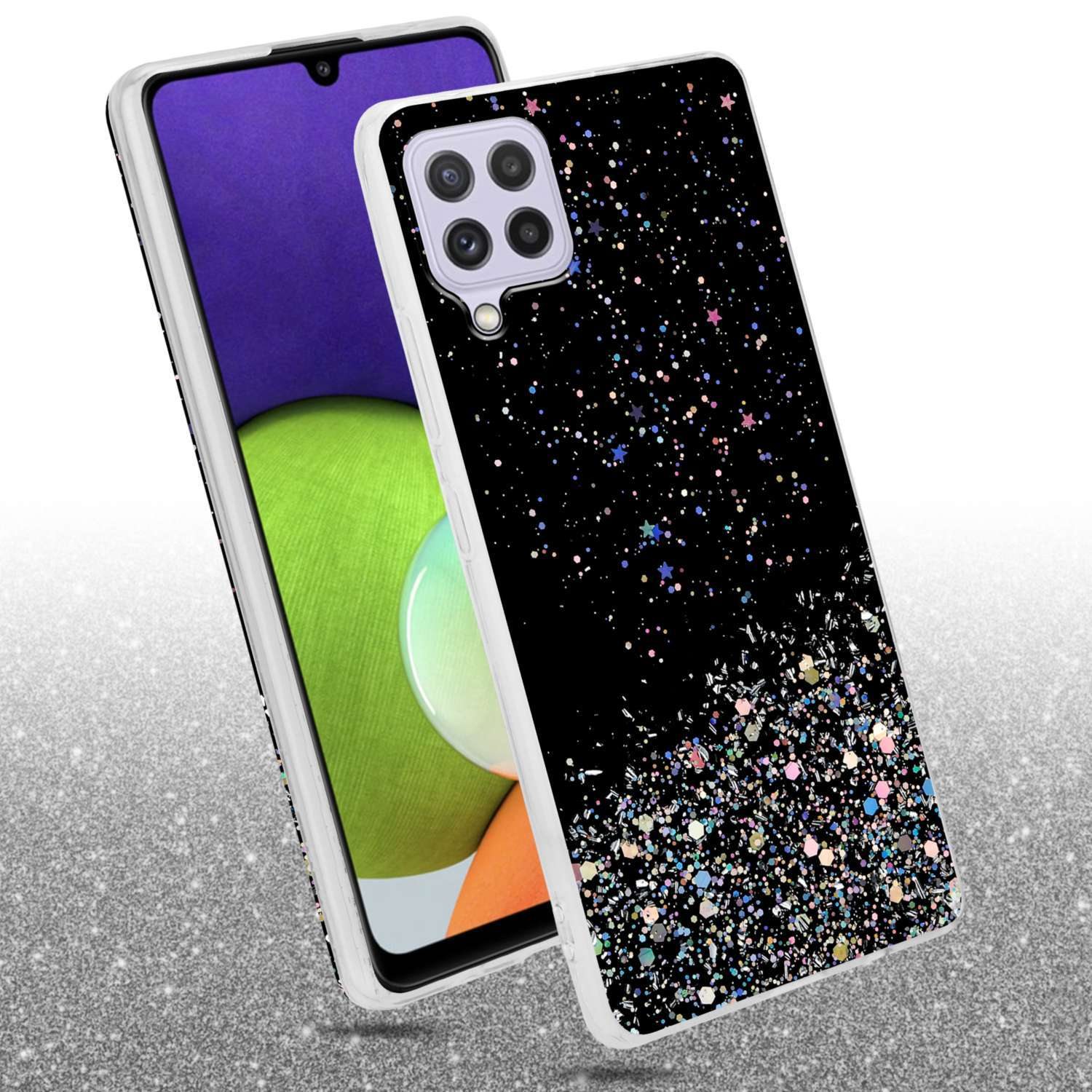 Custodia con brillantini, un telefono dentro. Parte posteriore del telefono visibile.