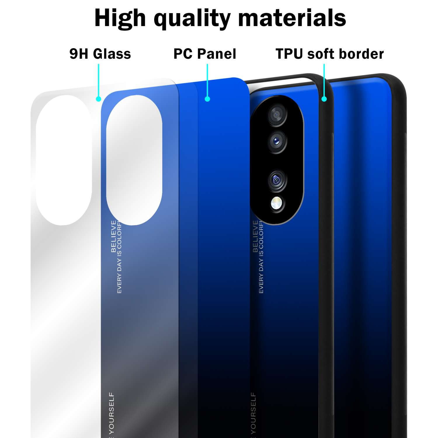 Strati di materiali per custodie per telefoni, design sfumato blu, etichette di testo. Materiali di alta qualità.