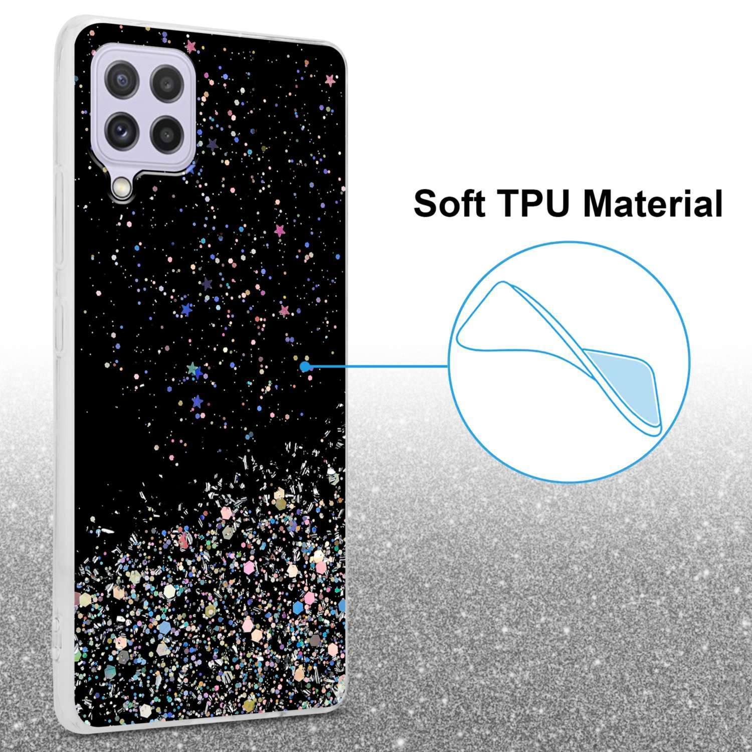 Custodia per telefono nera con brillantini. La custodia ha una superficie nera con glitter.