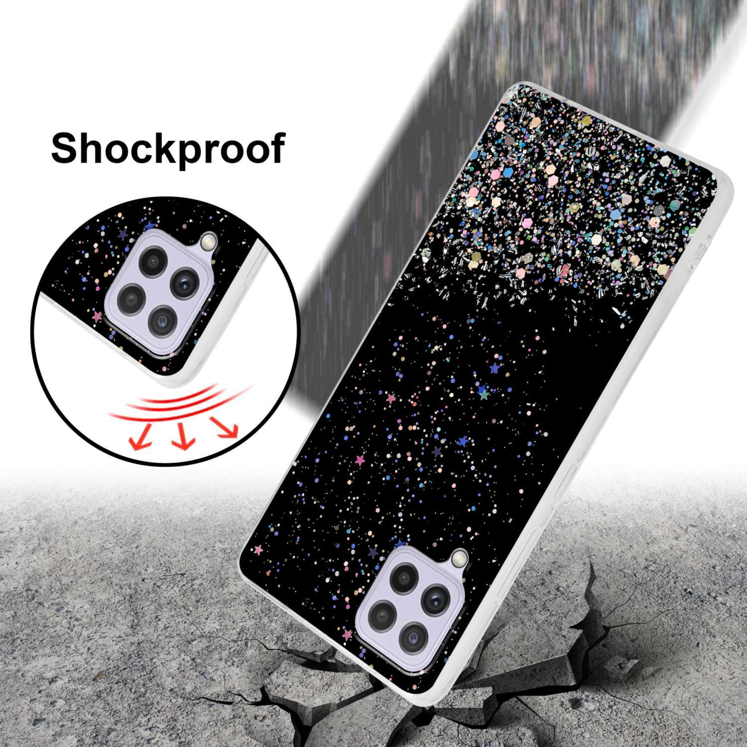 Custodia per telefono con un design glitter nero, su un terreno incrinato. Funzione antiurto.