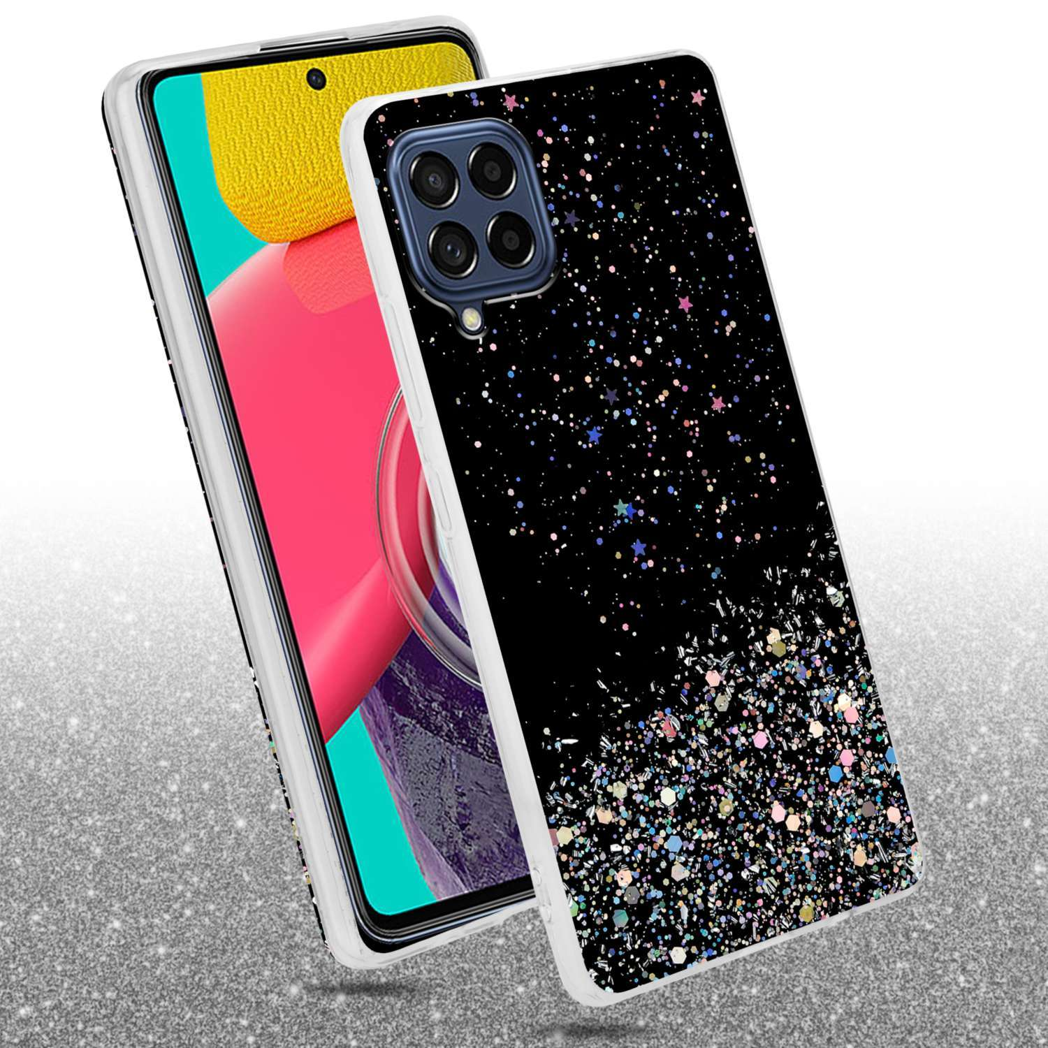 Custodia per telefono con glitter neri e glitter colorati, telefono con sfondo rosa e giallo.