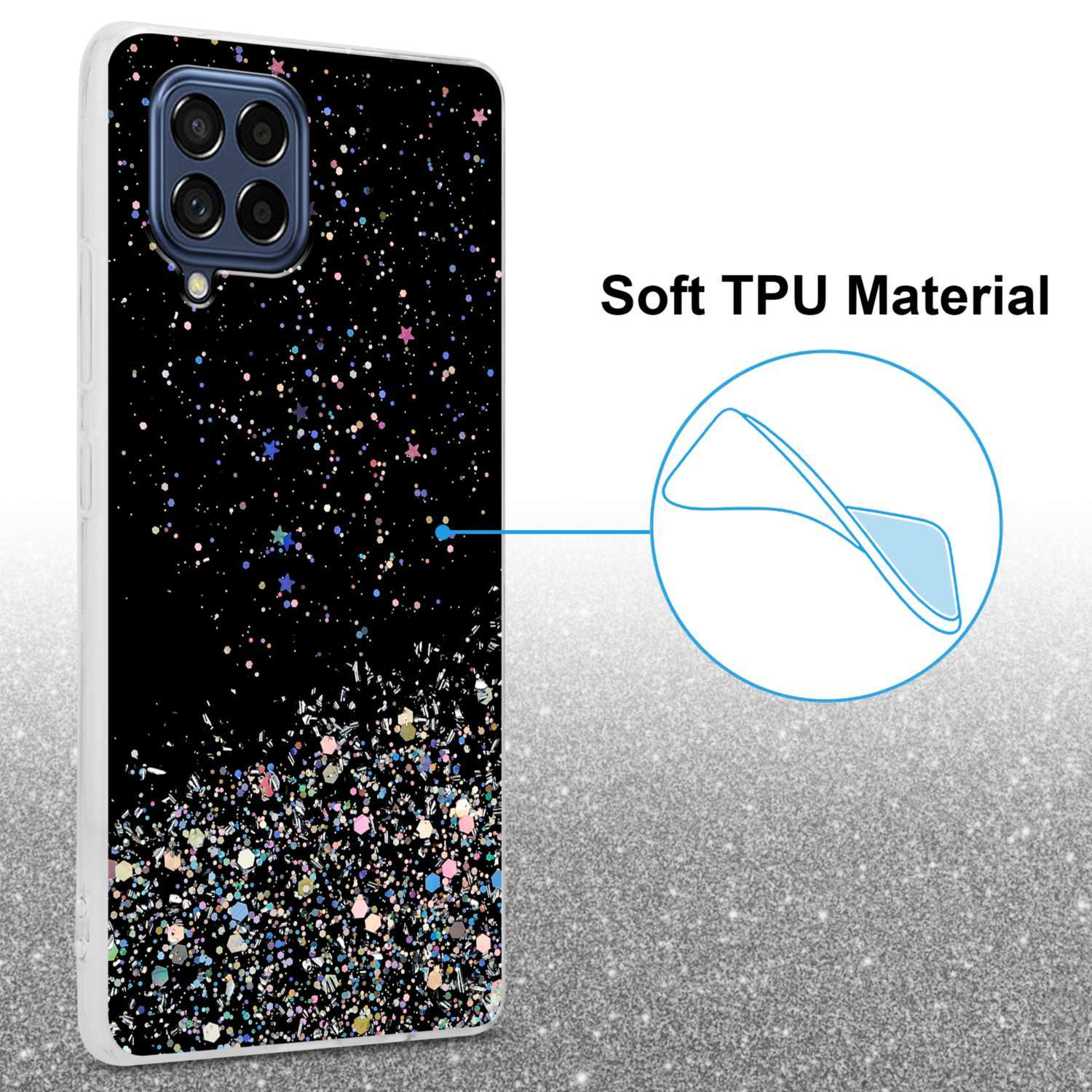 Custodia per telefono glitterata nera con un design a stella. Lo sfondo è lucido e la custodia è su una superficie lucida.
