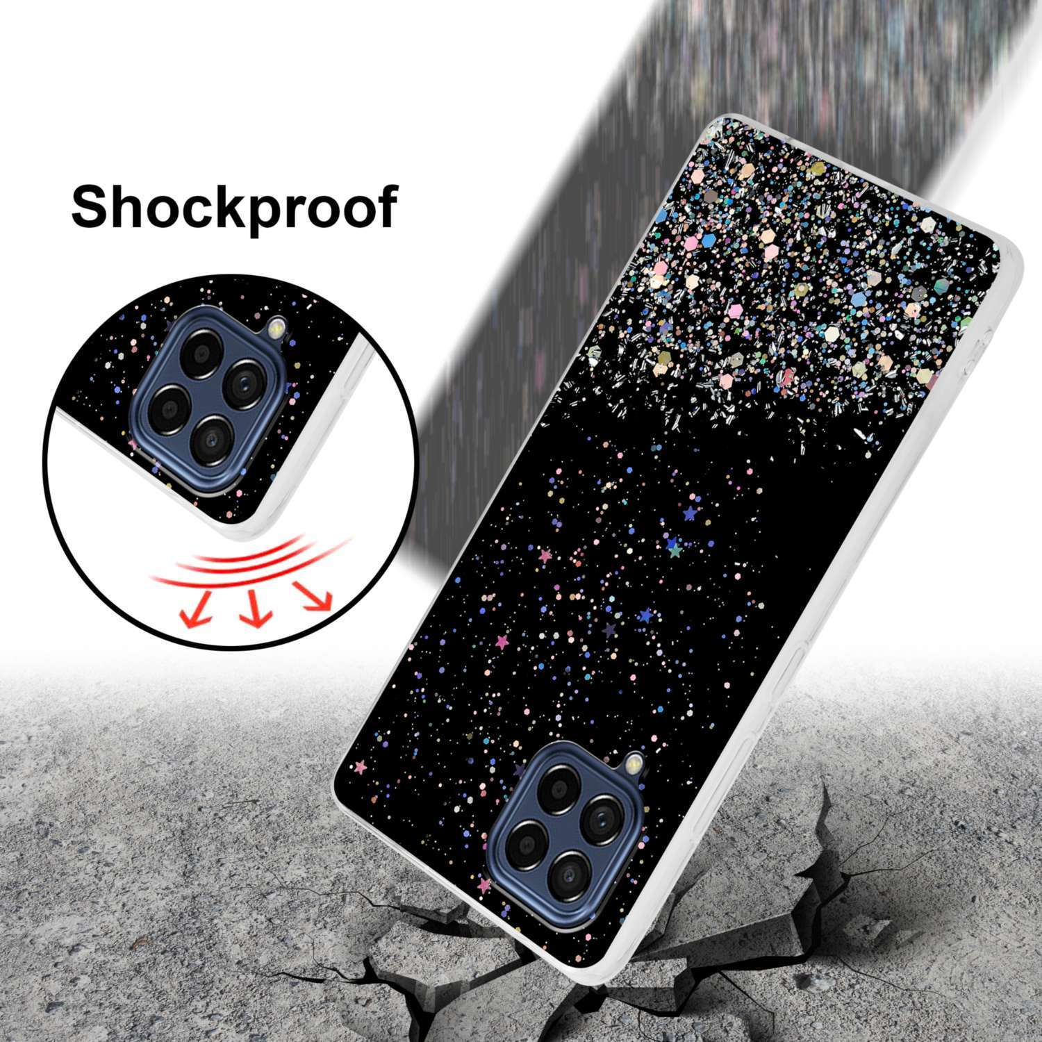 Custodia per telefono con design glitter nero. La custodia è mostrata su una superficie incrinata.