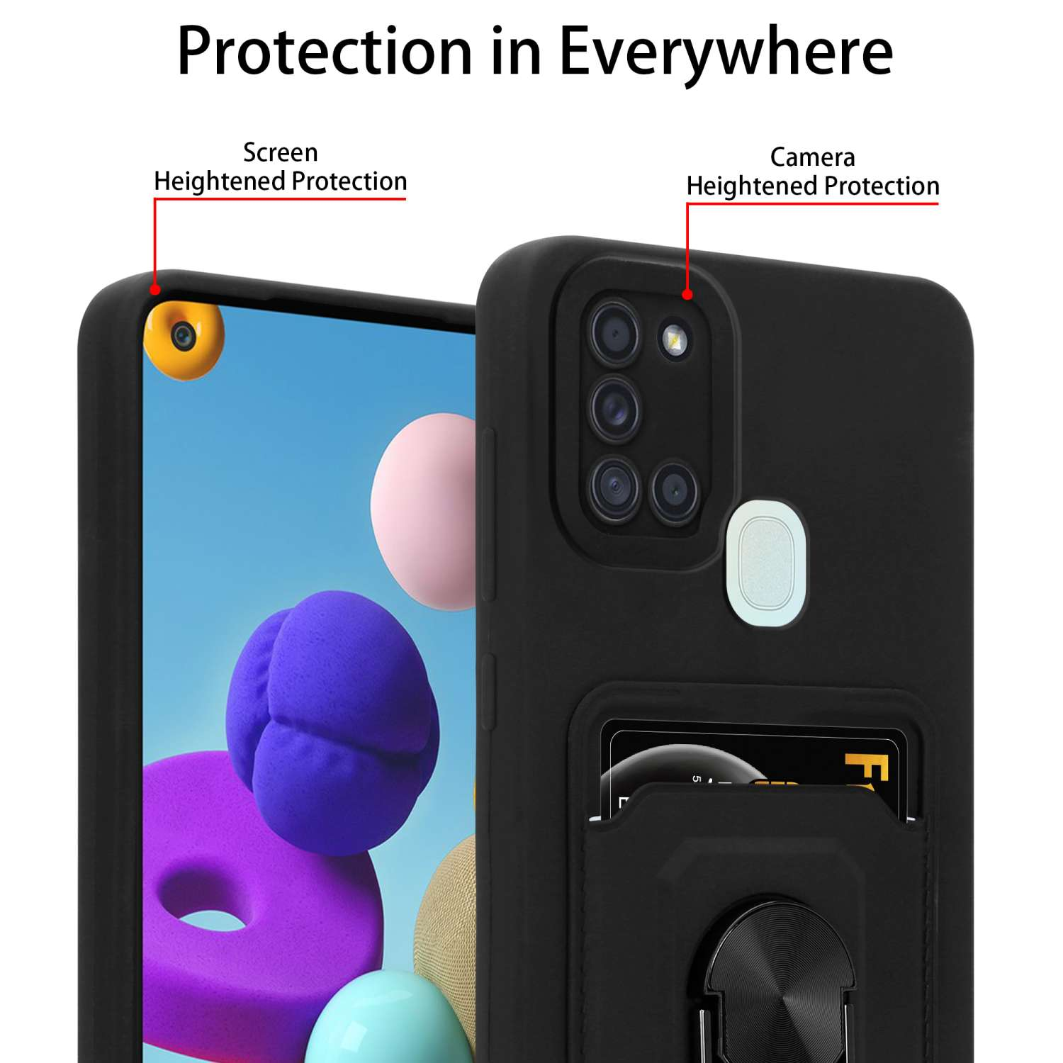Custodia nera con schermo con forme colorate e porta carte.