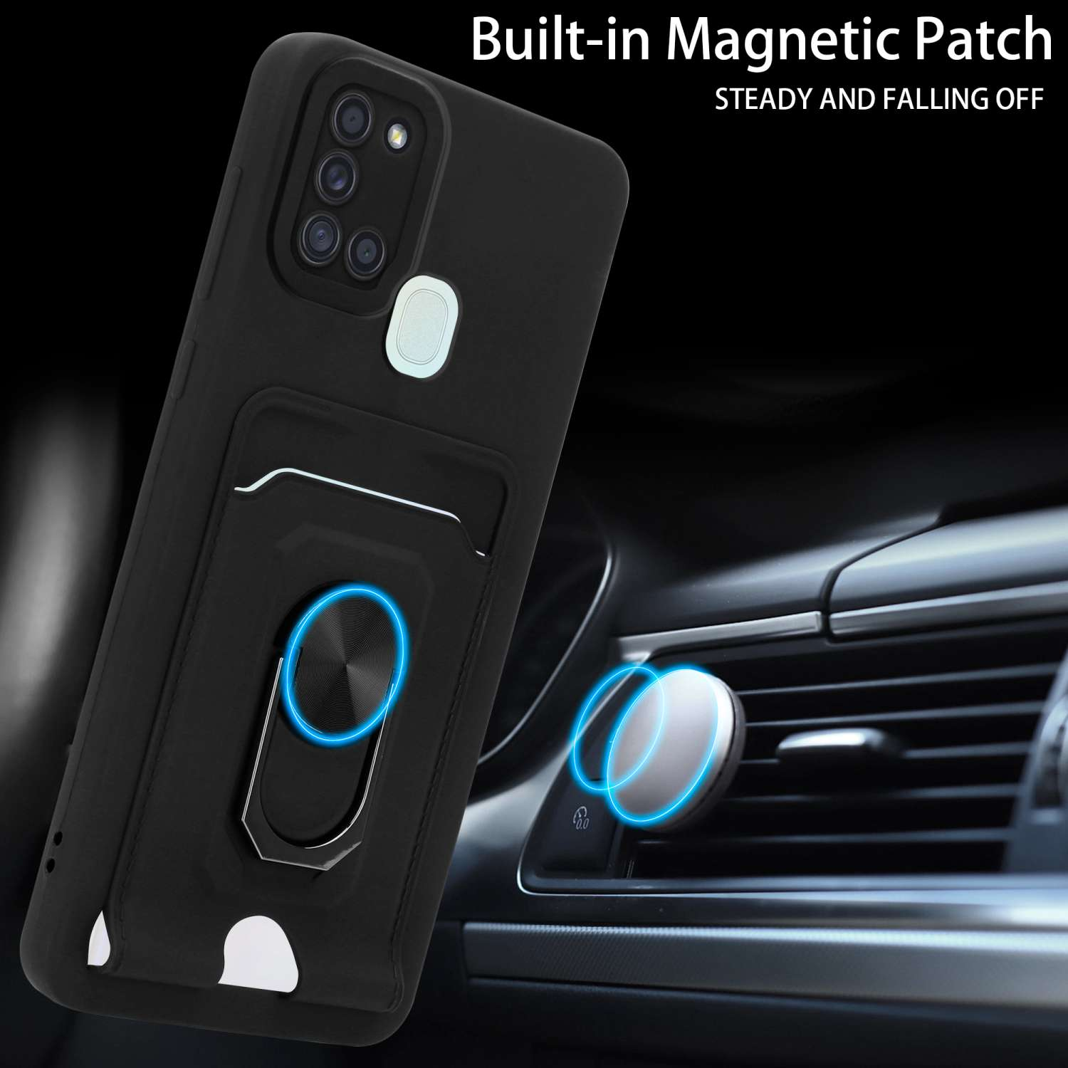 Custodia nera per telefono con anello e porta carte. Montata in auto, vicino al supporto magnetico.