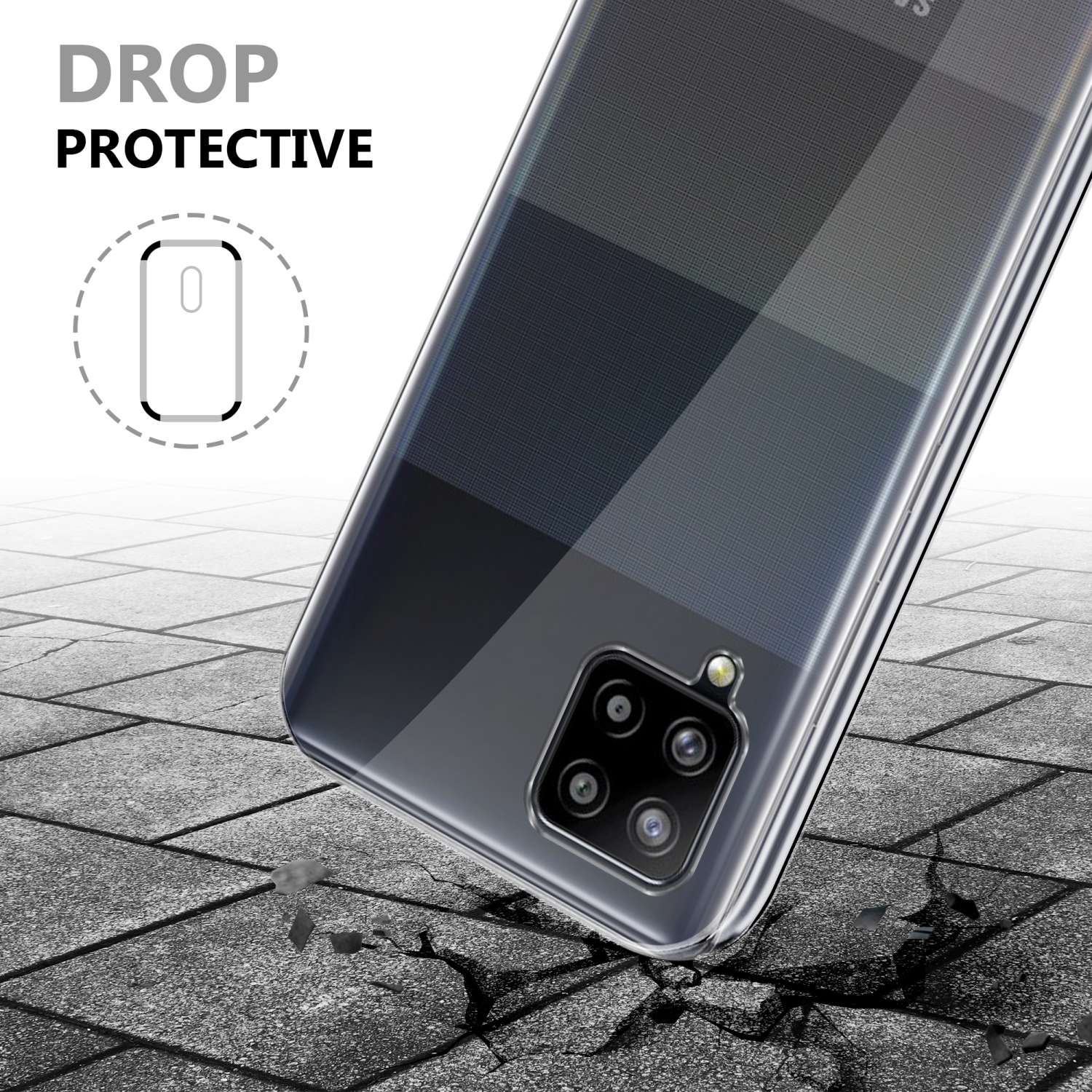 Viene mostrata una custodia trasparente per telefono, con un design a scacchi grigio. Sembra essere caduta su una superficie di pietra.
