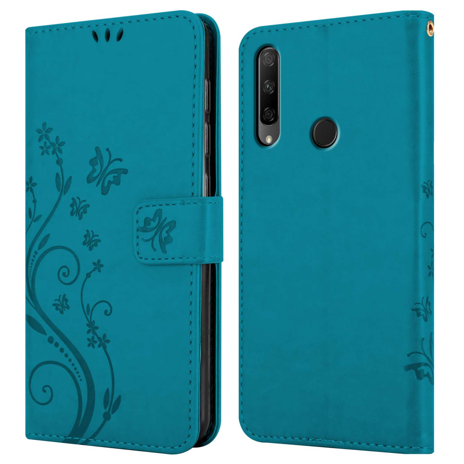 Custodia teal aperta, design floreale. Telefono sul lato destro.