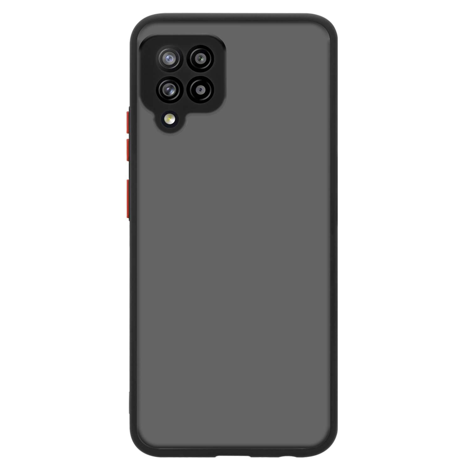 Custodia per telefono grigio scuro con fori per fotocamera e pulsanti del volume. Bordo nero.