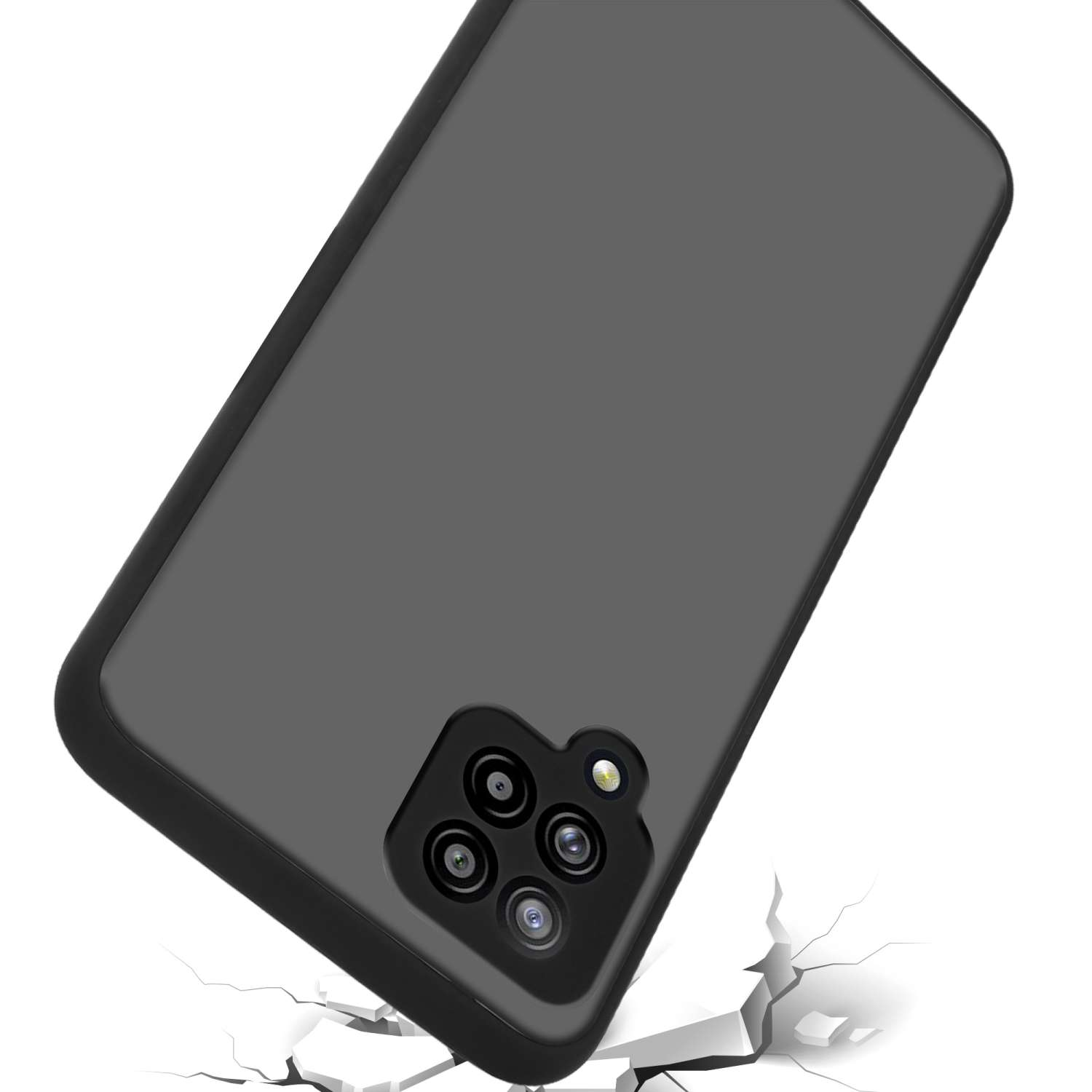 Custodia grigia per telefono su una superficie con crepe. La custodia ha un rilievo della fotocamera. Lo sfondo è semplice.