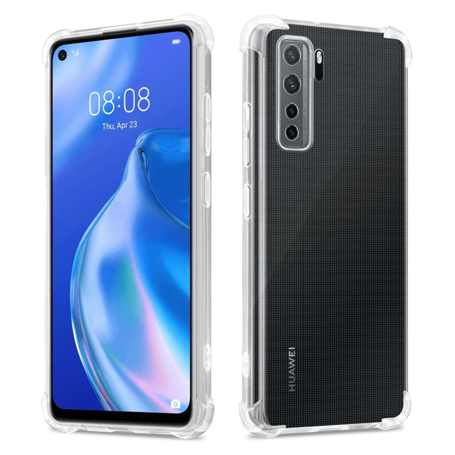Zwei Handyhüllen mit transparenten Rahmen, die die Bildschirme der Telefone zeigen.