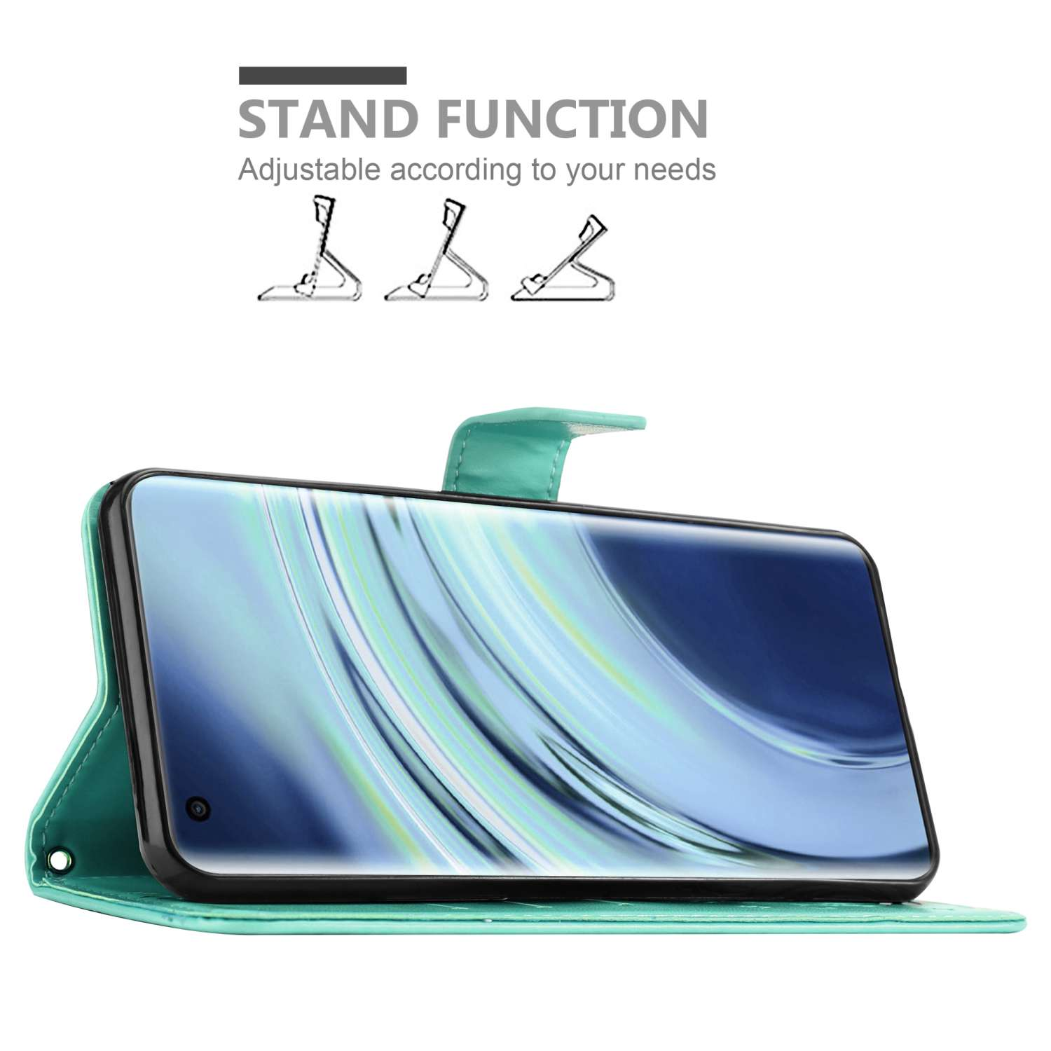 Custodia per telefono verde acqua, con telefono all'interno, in posizione verticale, che mostra lo schermo. Funzione supporto.