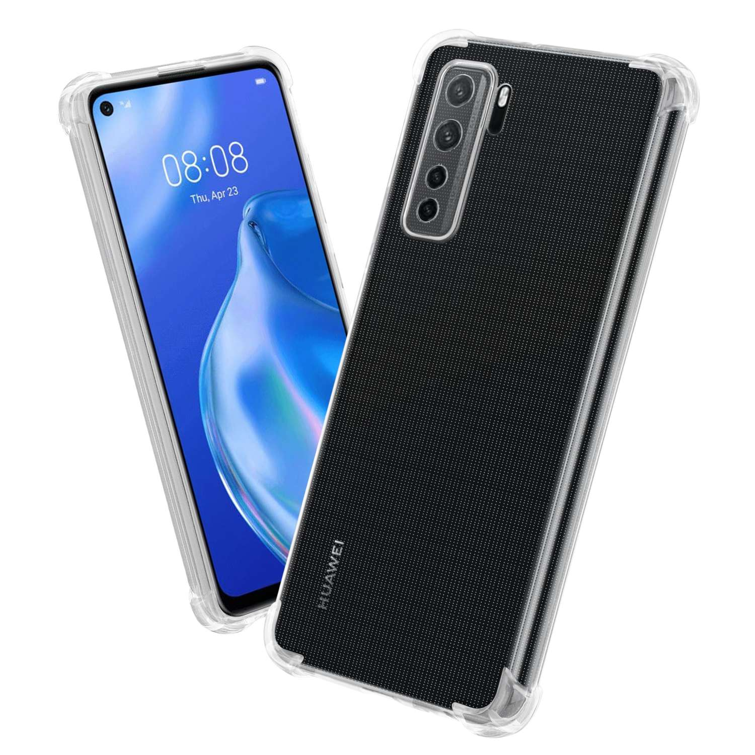 Eine transparente Handyhülle mit schwarzer, strukturierter Rückseite, die das Telefon zeigt.