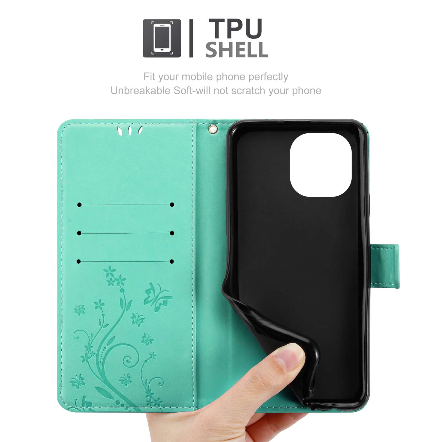 Telefono in una custodia a portafoglio verde acqua con fessure per carte.