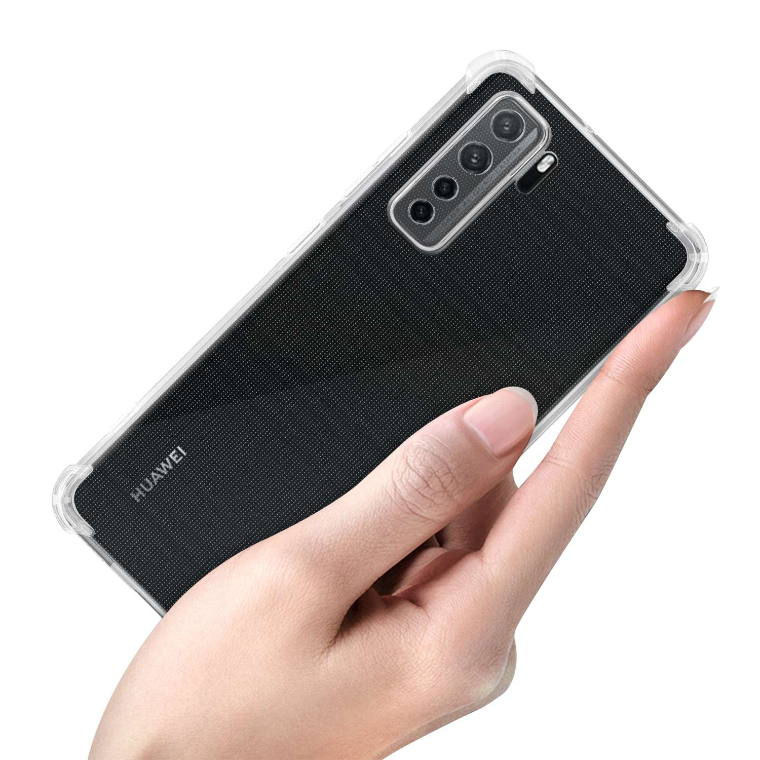 Eine Hand hält ein Telefon mit einer transparenten Schutzhülle auf weißem Hintergrund.