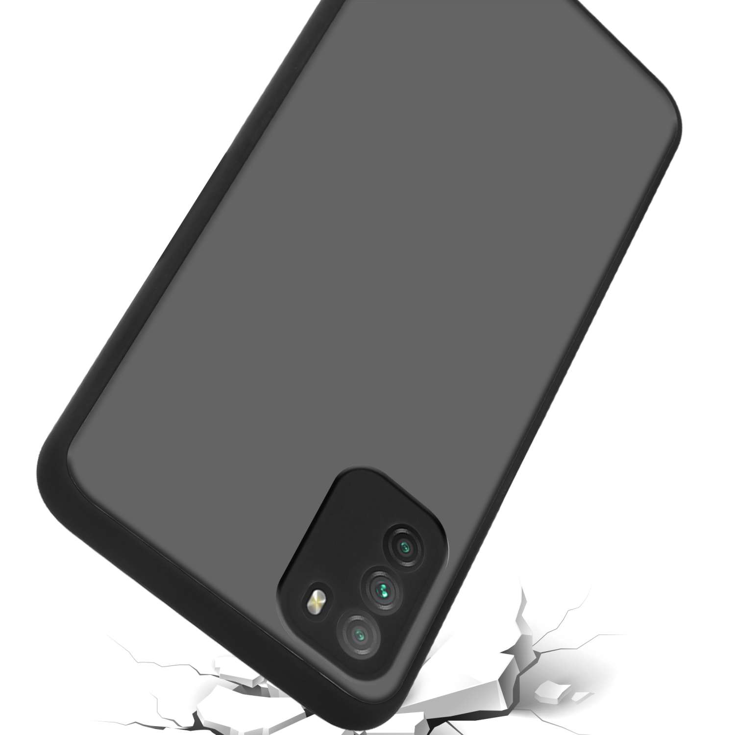 Una custodia per telefono grigio scuro con un modulo fotocamera, appoggiata su una superficie con crepe, che suggerisce impatto.