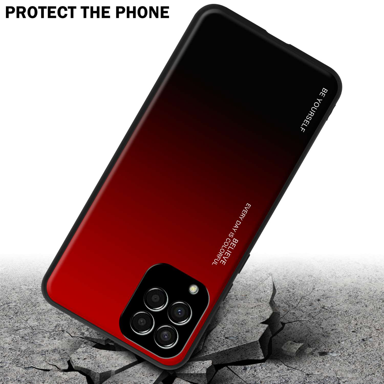 Rote und schwarze Handyhülle liegt auf einer rissigen Betonoberfläche. Der Text 'PROTECT THE PHONE' steht darüber.