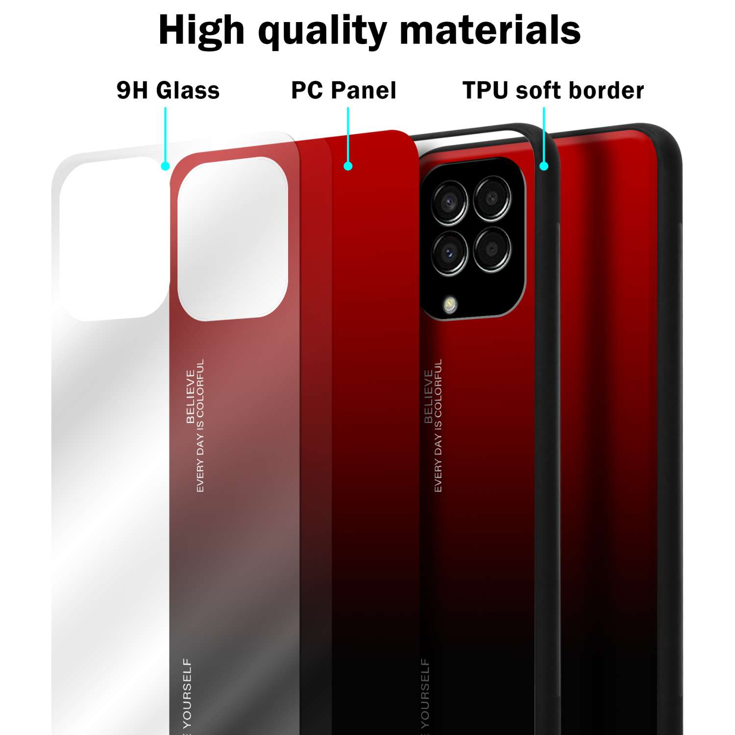 Handyhüllenmaterialien: 9H Glas, PC-Panel und TPU-Weichrand, in Rot/Schwarz-Verlauf. Schichten werden gezeigt.