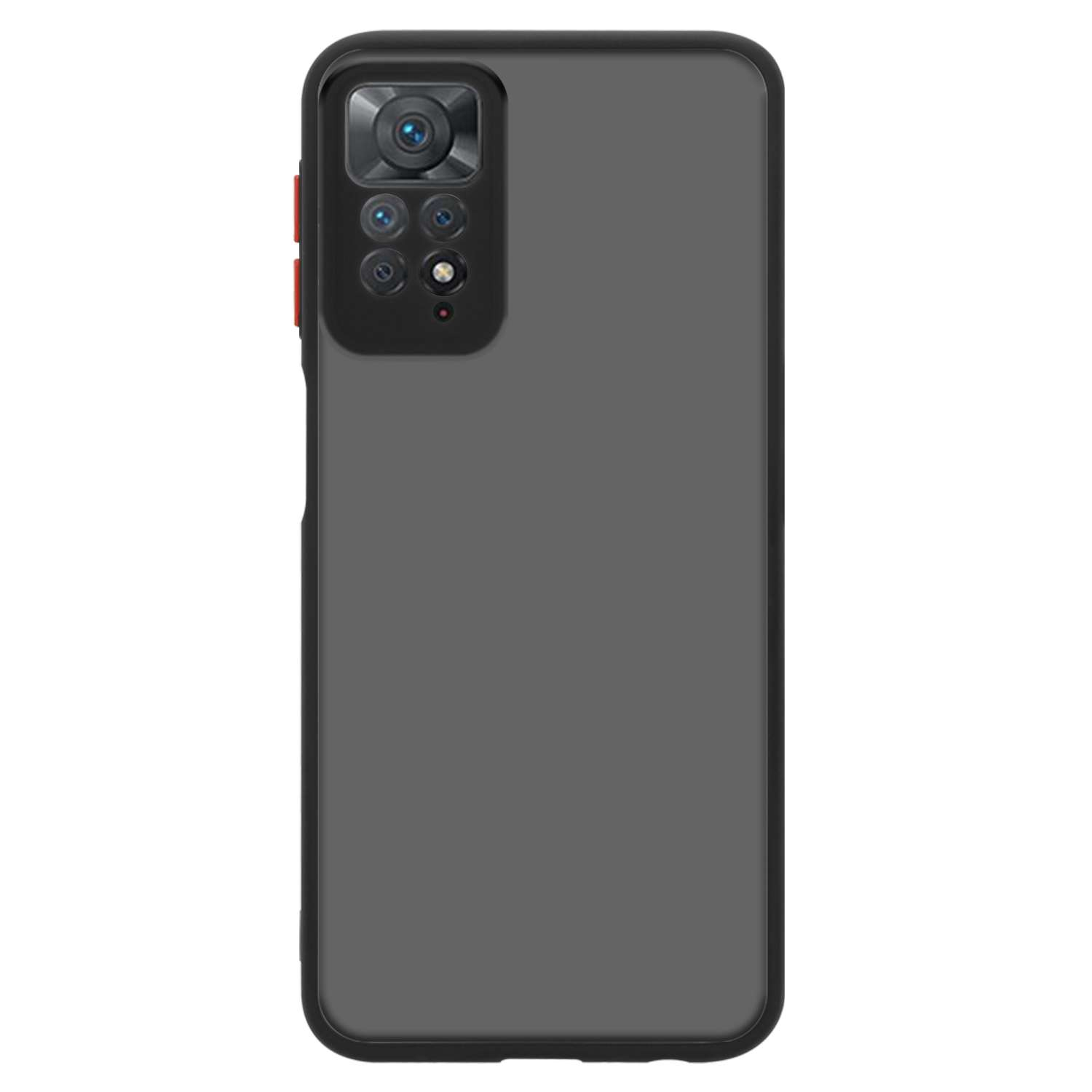 Una funda de teléfono gris oscuro con una protuberancia de cámara y un botón rojo.