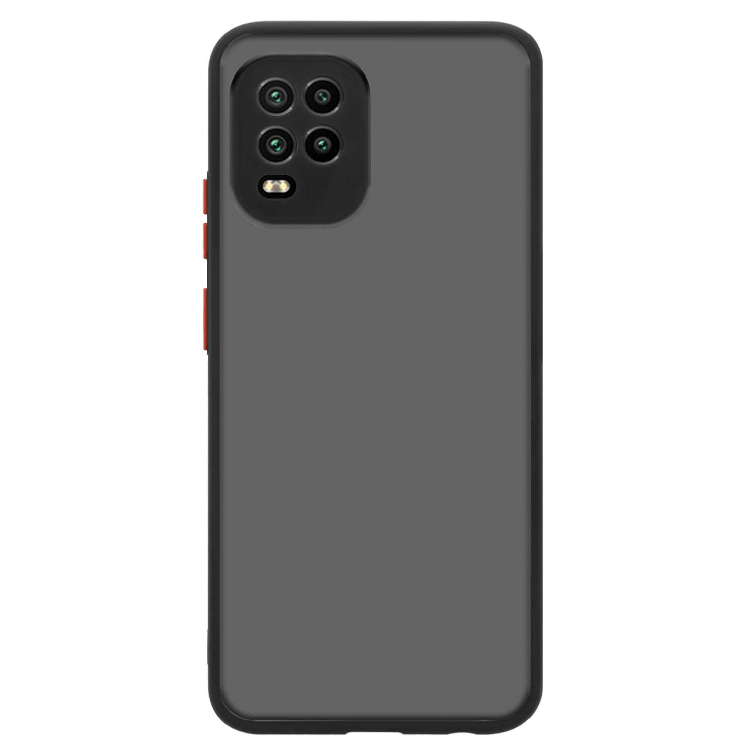 Custodia grigia per telefono con ritagli per fotocamera. Sfondo nero.