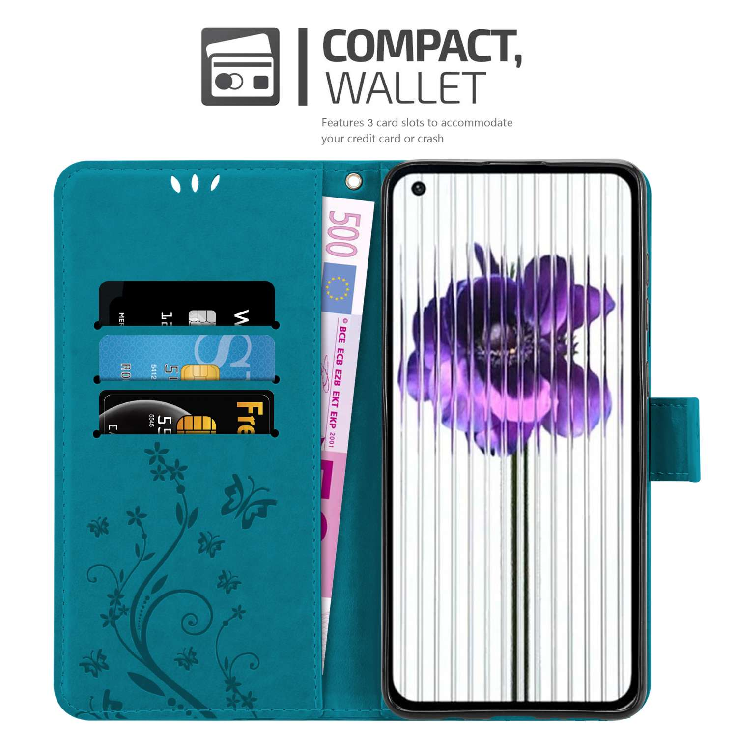 Custodia a portafoglio teal aperta, mostra carte e telefono con design floreale.