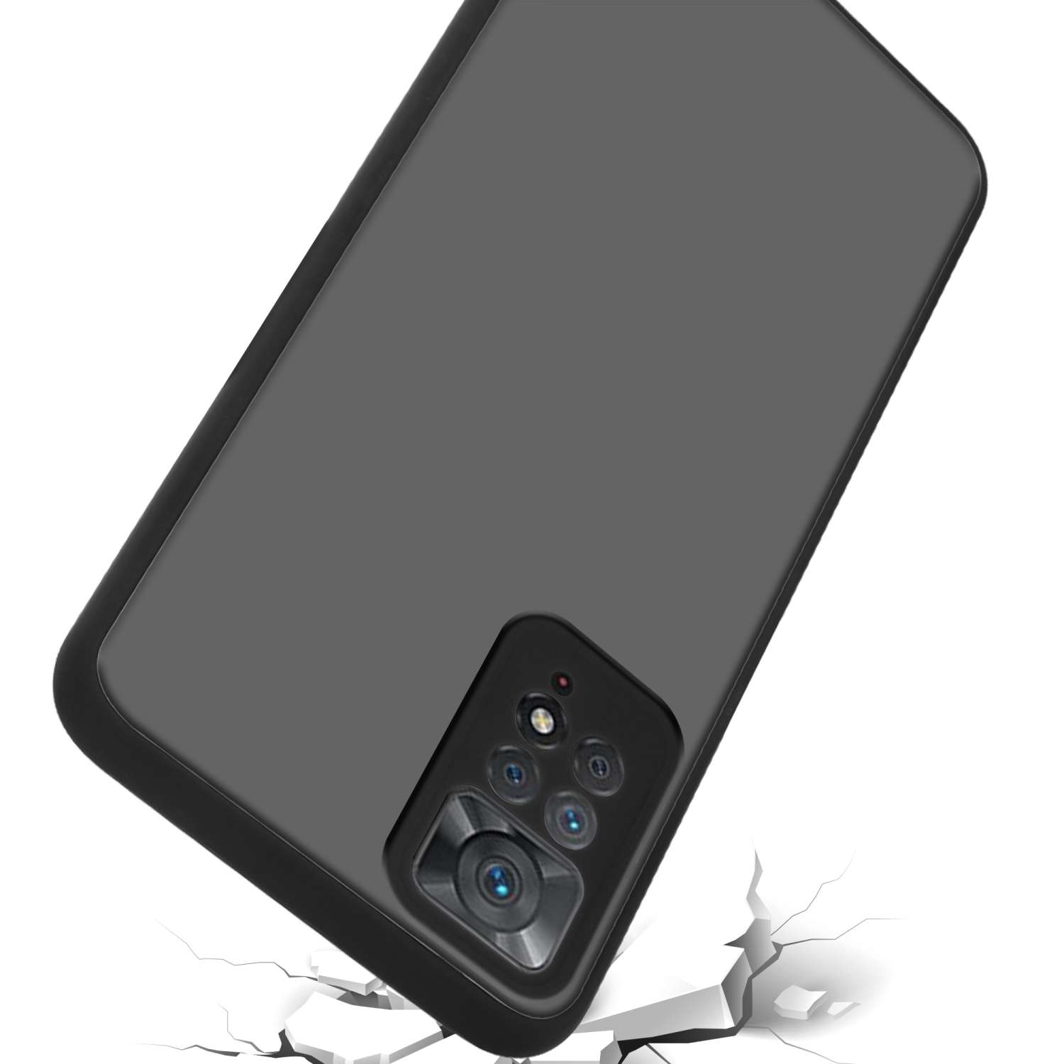 Funda de teléfono gris oscuro con cámara saliente, sobre superficie agrietada.