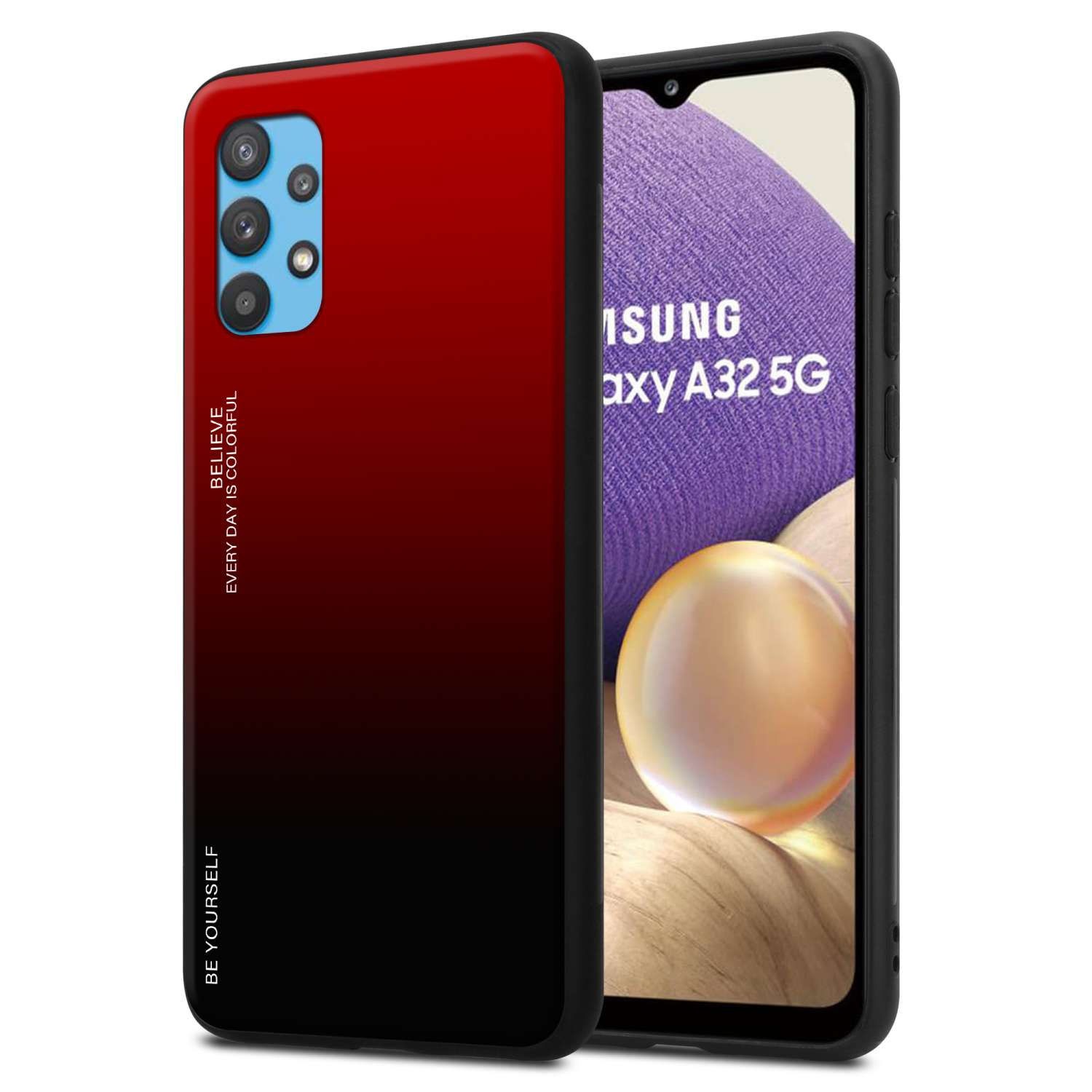 Glas, 5G, Galaxy Samsung, A32 Hülle Backcover, Farben ROT - 2 CADORABO SCHWARZ aus TPU Silikon