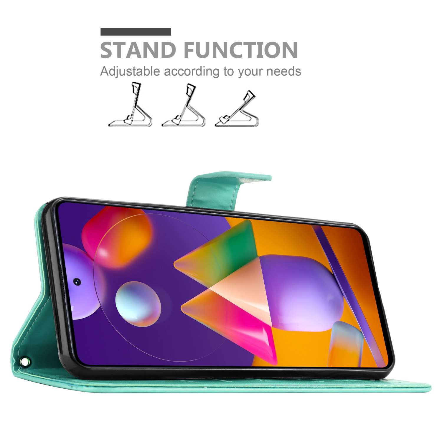 Custodia verde con telefono in mostra. Testo: Funzione supporto. Tre figure di supporto sono mostrate sopra.