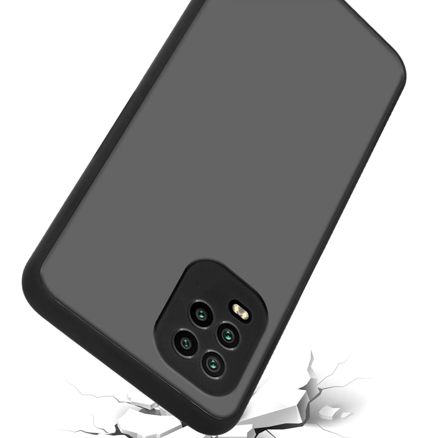 Una custodia per telefono grigio scuro con un modulo fotocamera sul retro e crepe sulla superficie sottostante.
