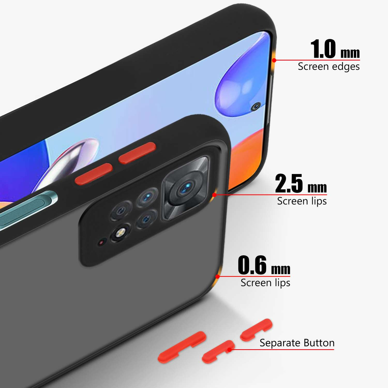 Funda de teléfono con un teléfono dentro. Muestra los bordes de la pantalla, los labios de la pantalla y los botones rojos separados.