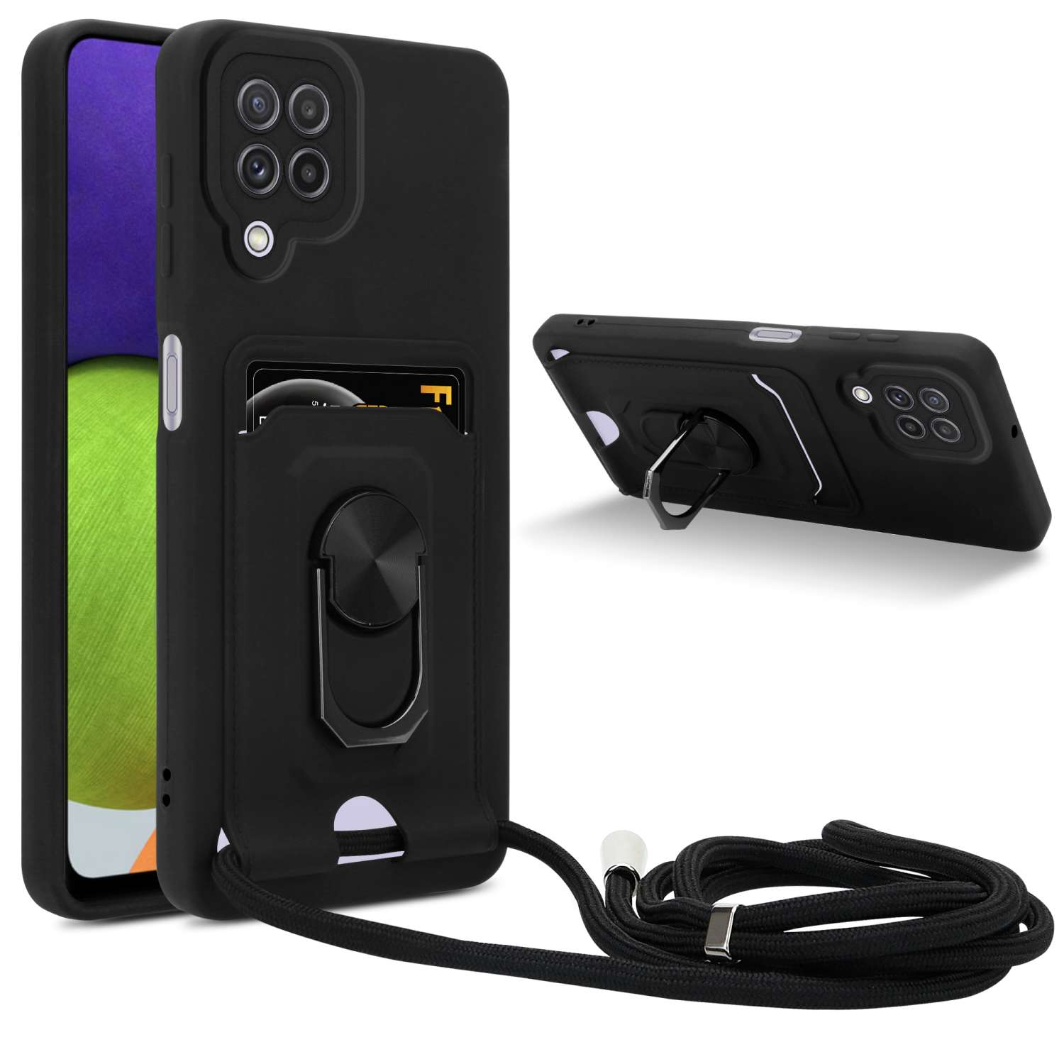 Una custodia per telefono nera con scomparti per carte e un telefono. Sono inclusi un anello e un cinturino.