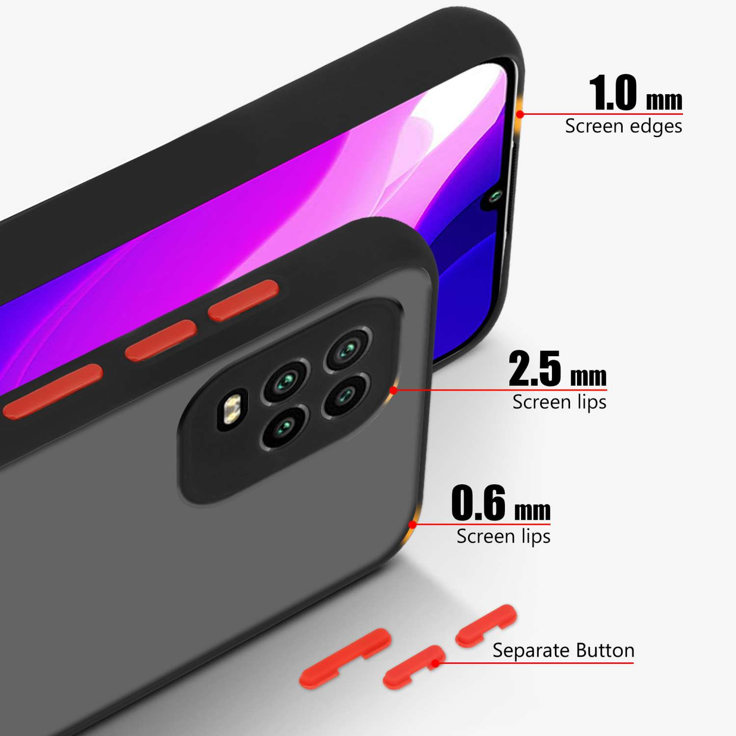 Custodie per telefono che mostrano le misure dei bordi e del labbro dello schermo. Testo: 1,0 mm, 2,5 mm, 0,6 mm.