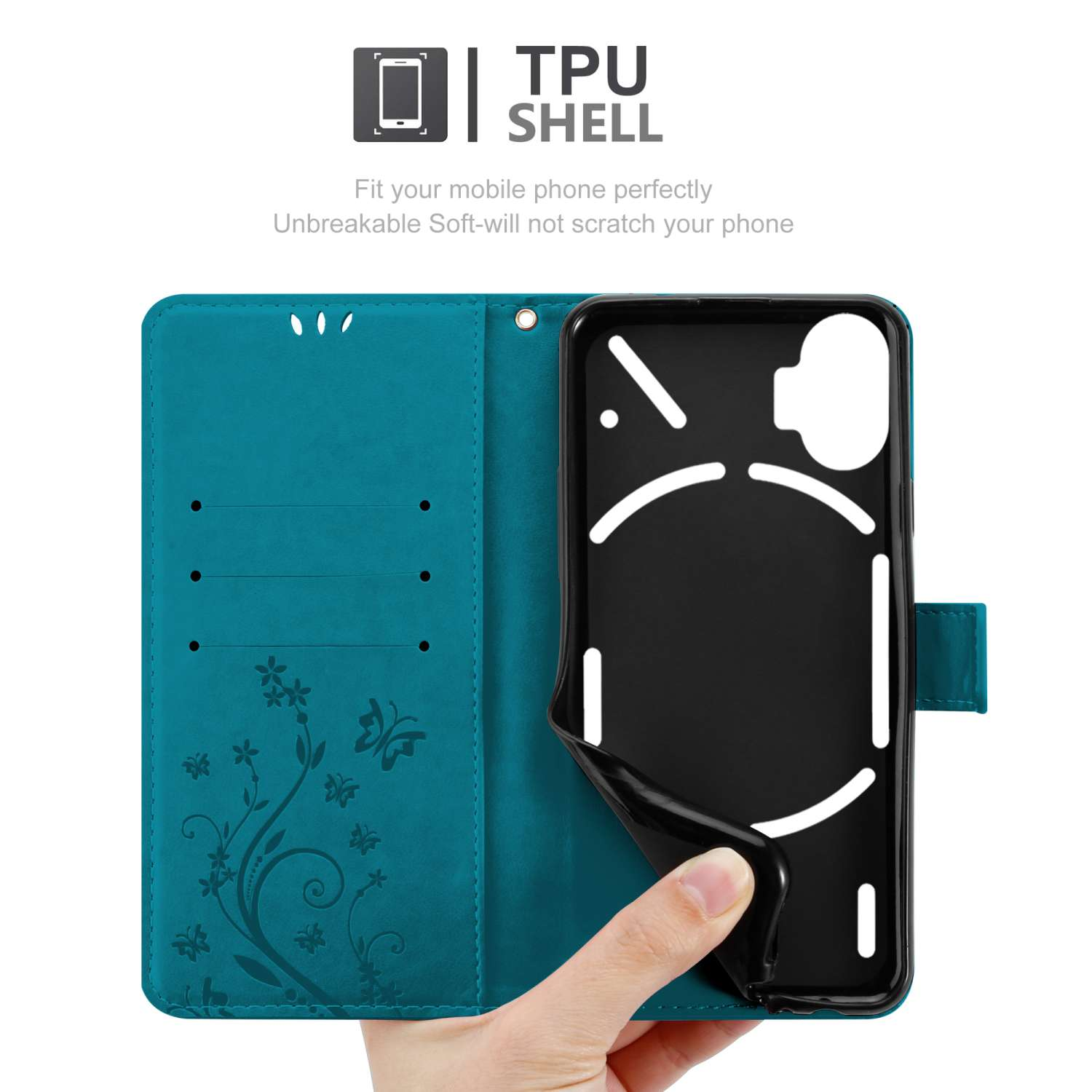Una custodia per telefono verde acqua aperta con un telefono all'interno. Testo: GUSCIO IN TPU. Una mano indica il telefono.