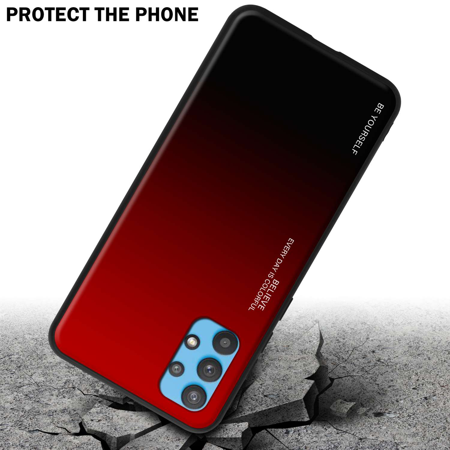 Rote und schwarze Handyhülle, in einem zerbrochenen Boden. Das Telefon hat Kameras.