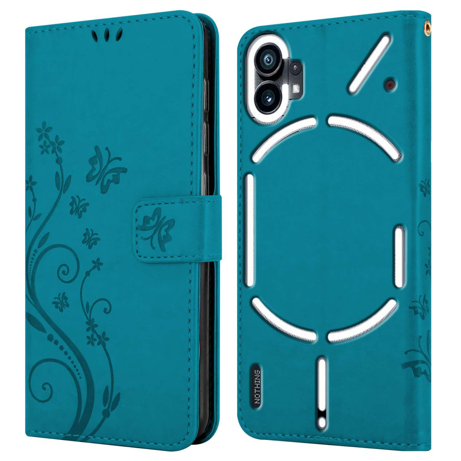 Custodia per telefono turchese aperta. Mostra un telefono con un design a farfalla a sinistra e un design a destra.