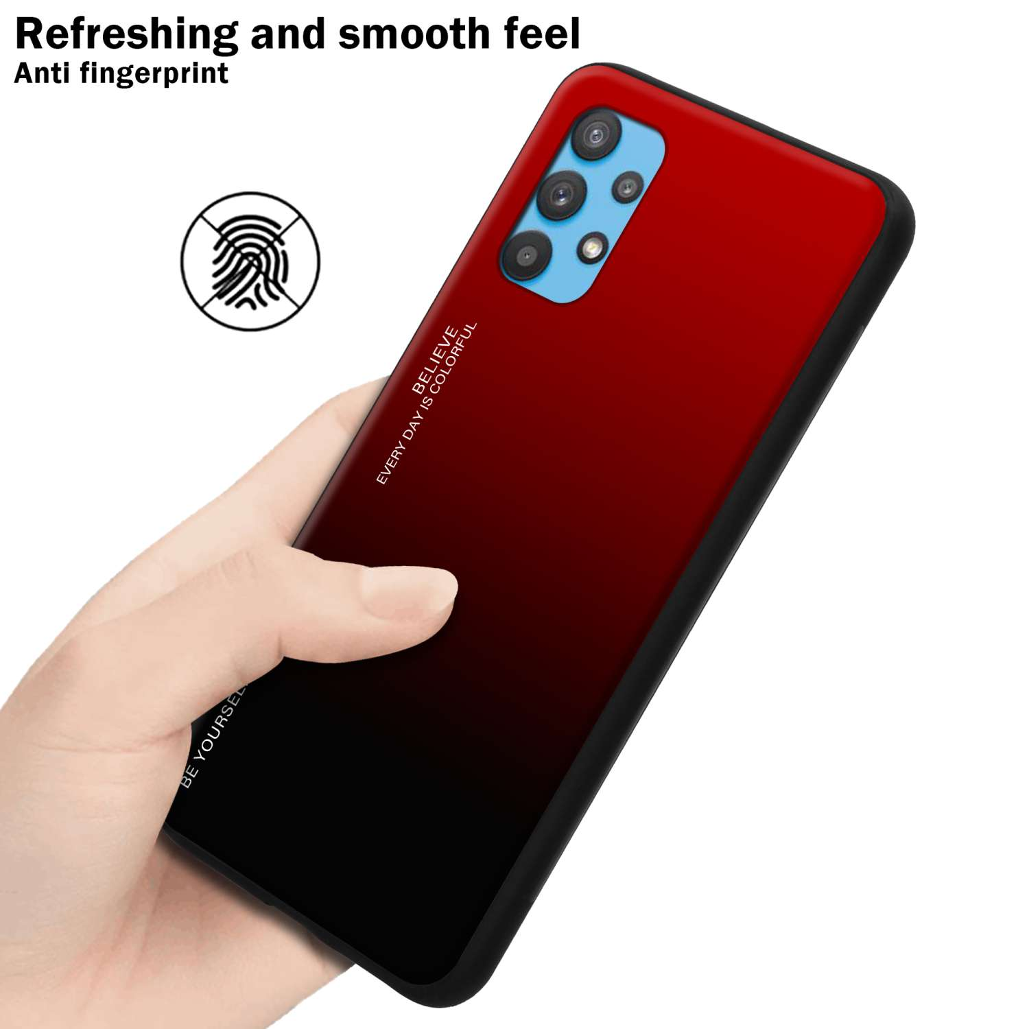 Eine Handyhülle mit einem Farbverlauf-Design in Rot und Schwarz. Eine Hand hält die Hülle, Fingerabdrücke sind sichtbar.