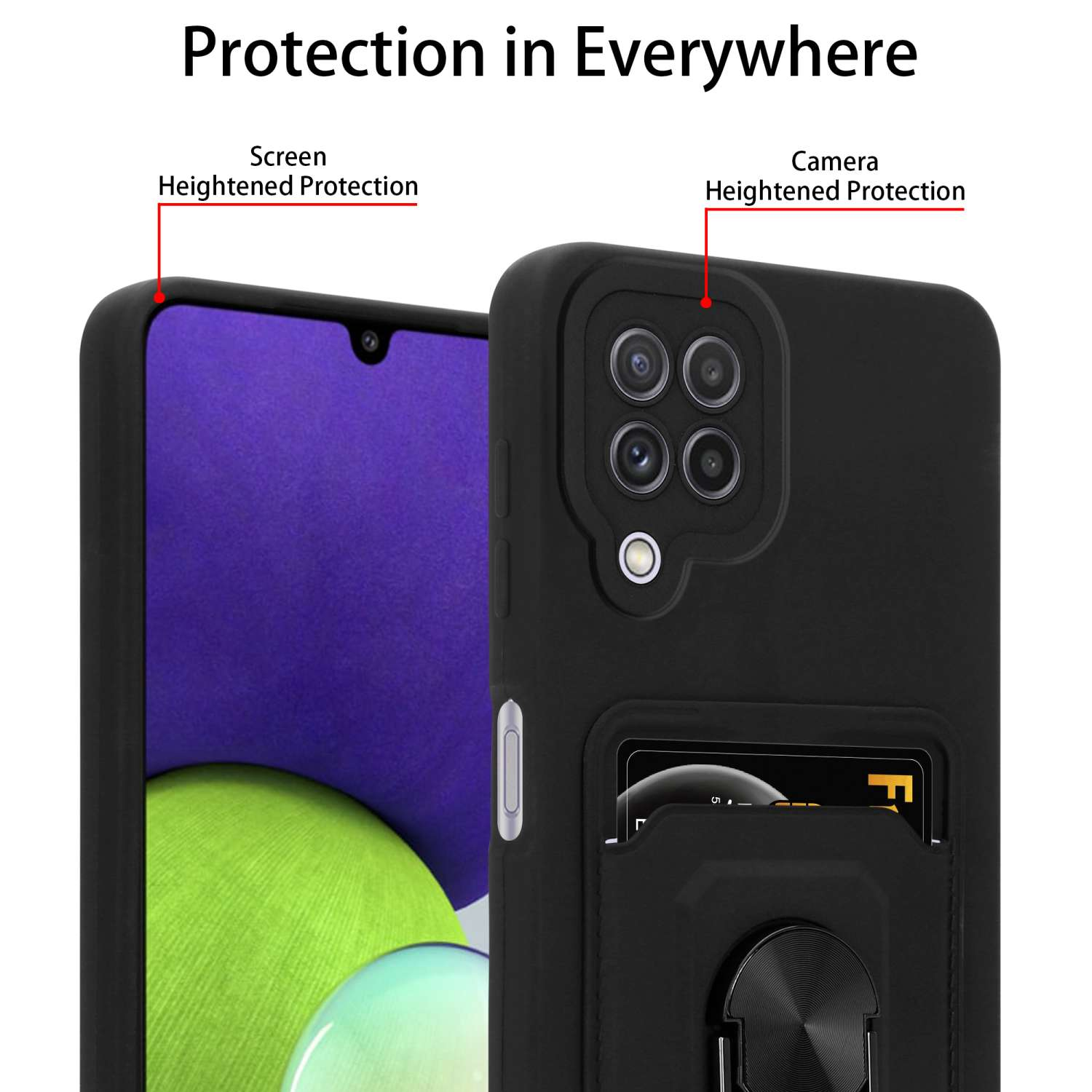 Custodia per telefono nera con slot per schede e supporto ad anello. Protezione ovunque per schermo e fotocamera.