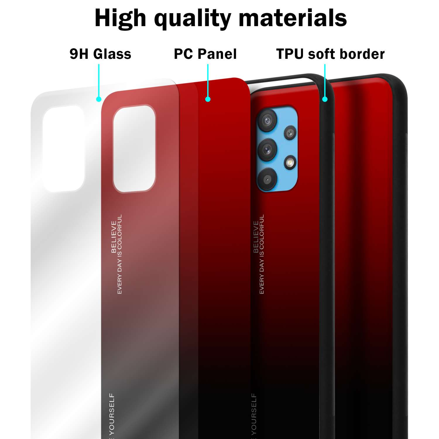 Schnittansicht der Handyhülle mit den Bezeichnungen: 9H Glass, PC Panel, TPU weicher Rand.