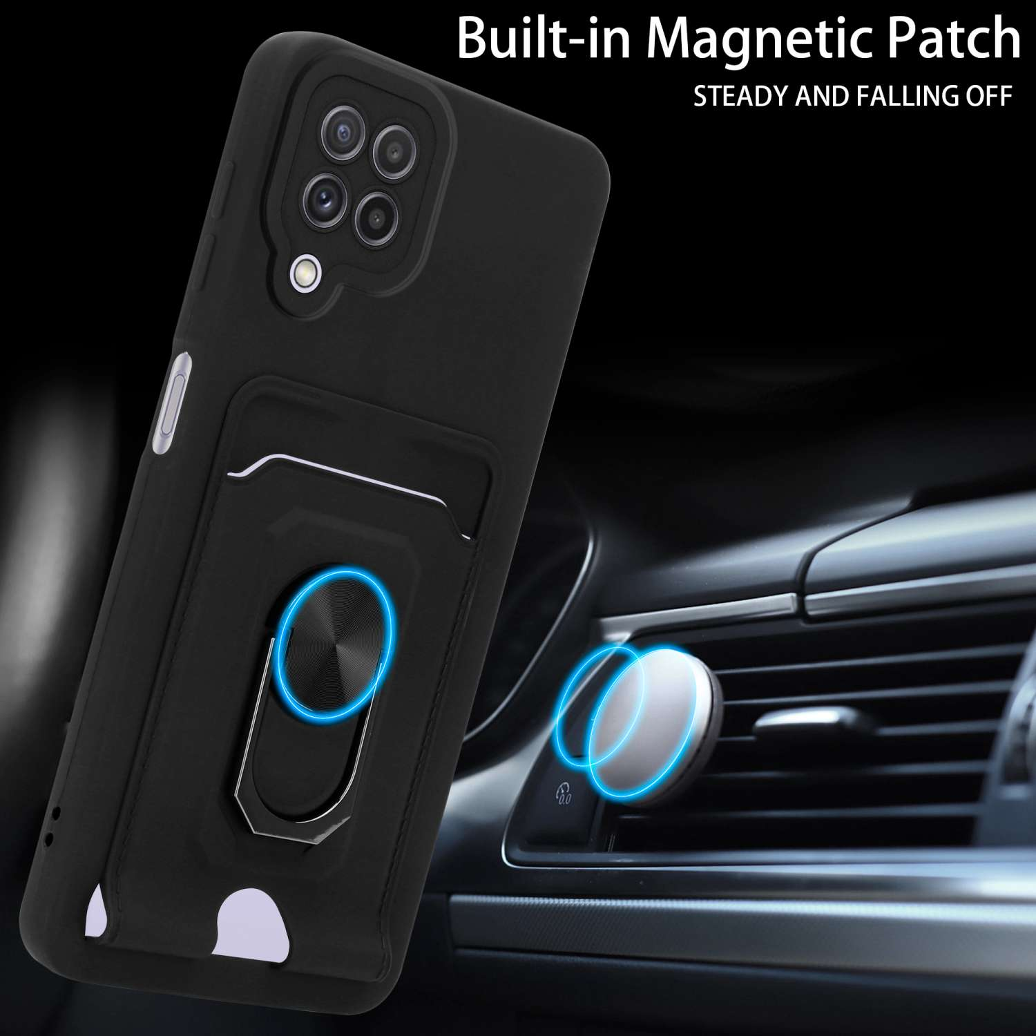 Custodia per telefono nera con anello e supporto magnetico sul cruscotto dell'auto. Sfondo bianco.