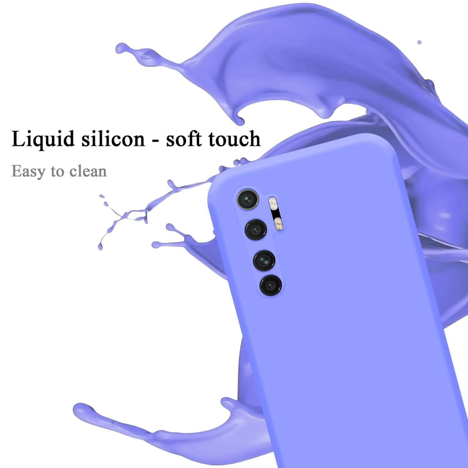 Lila Handyhülle mit Telefon und Flüssigkeitsspritzereffekt auf weißem Hintergrund.
