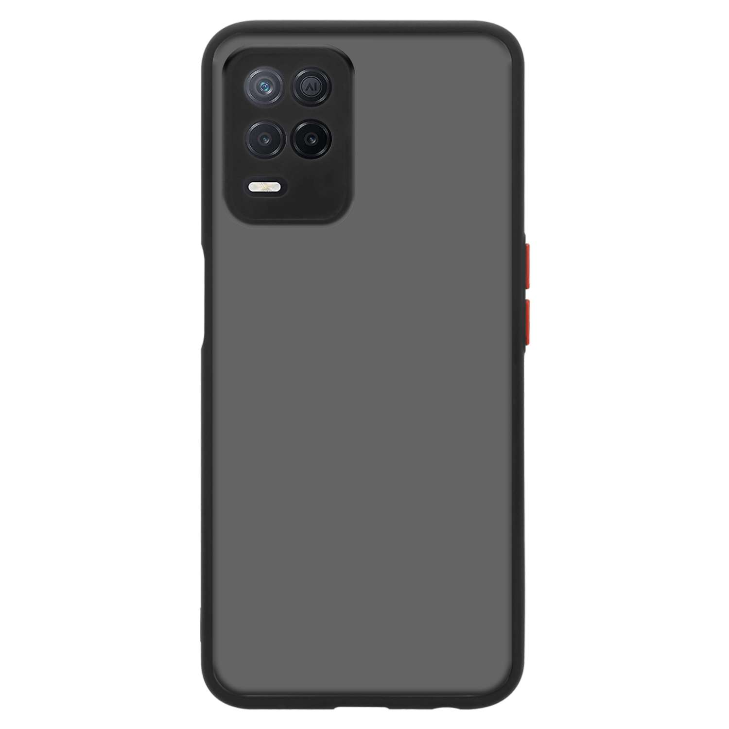 Una custodia per telefono con finitura grigio opaco. La custodia ha ritagli per la fotocamera e pulsanti rossi sul lato.