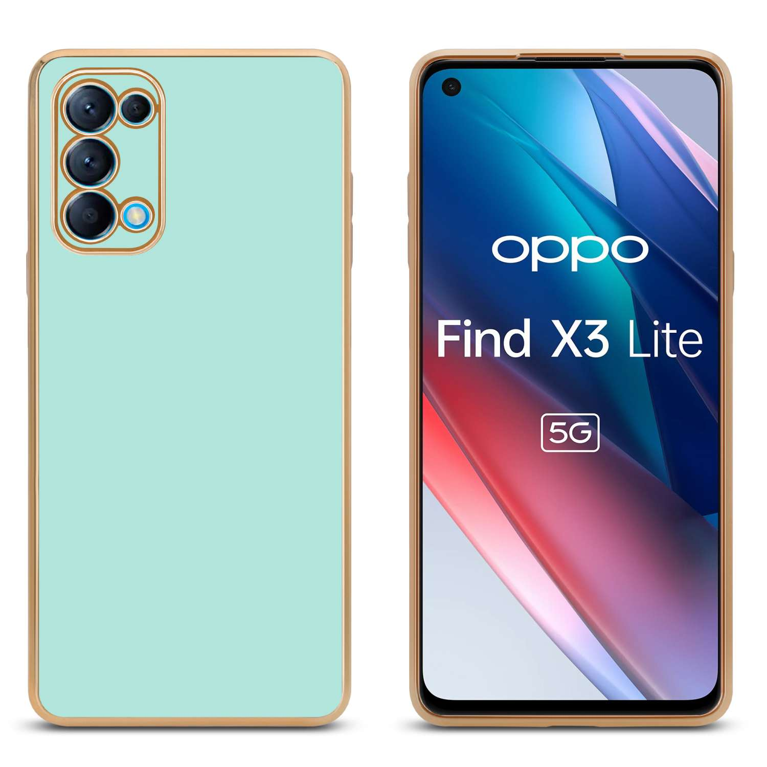 Telefono Oppo Find X3 Lite con custodia menta. Il telefono è a destra, la custodia a sinistra.