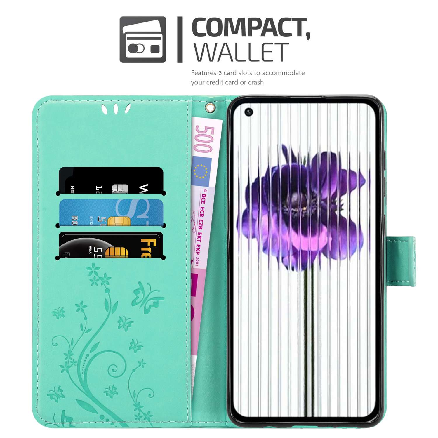 Una custodia per telefono con tre slot per carte e una tasca con una banconota da 500 euro. Ha un design floreale e un fiore viola.