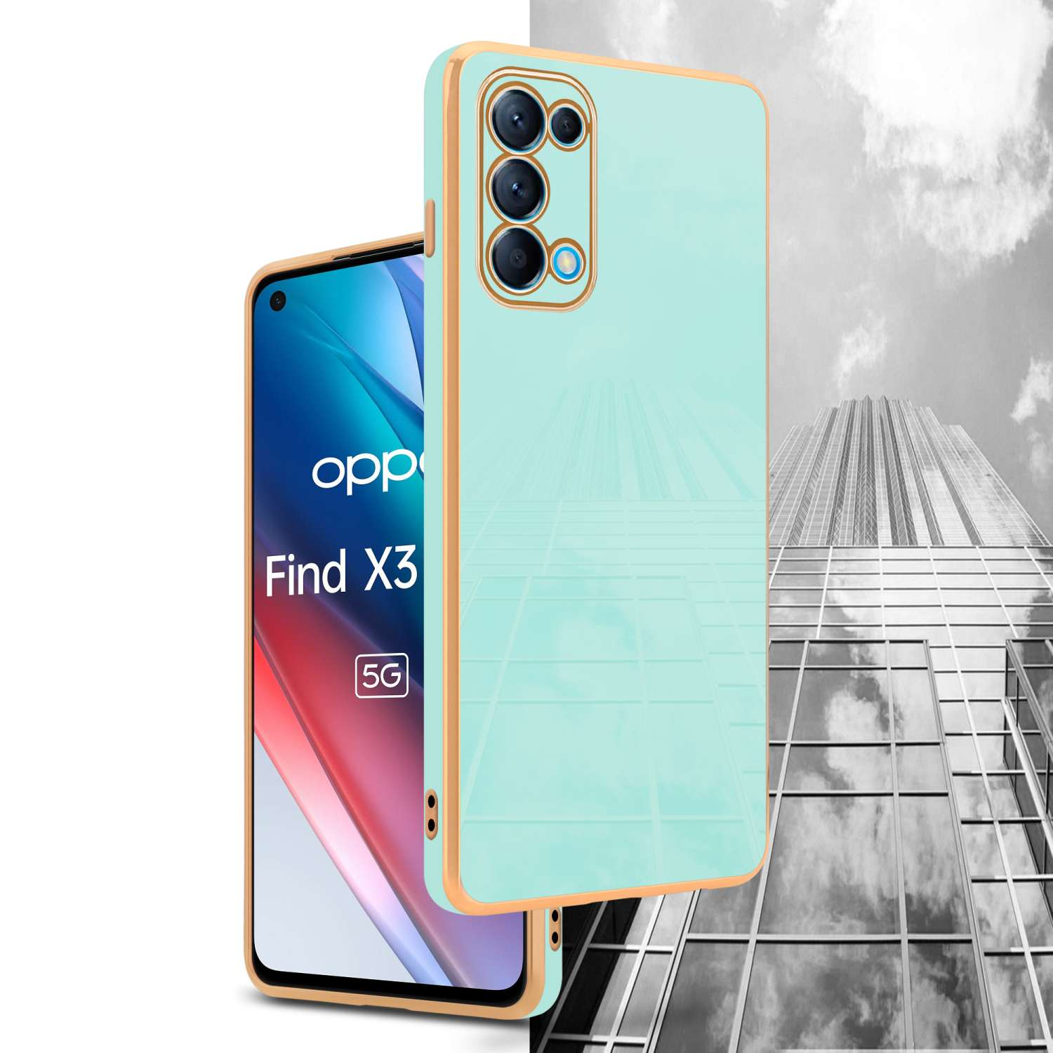 Una custodia per telefono azzurra con cornice dorata, accanto a un telefono Oppo che mostra un'immagine.